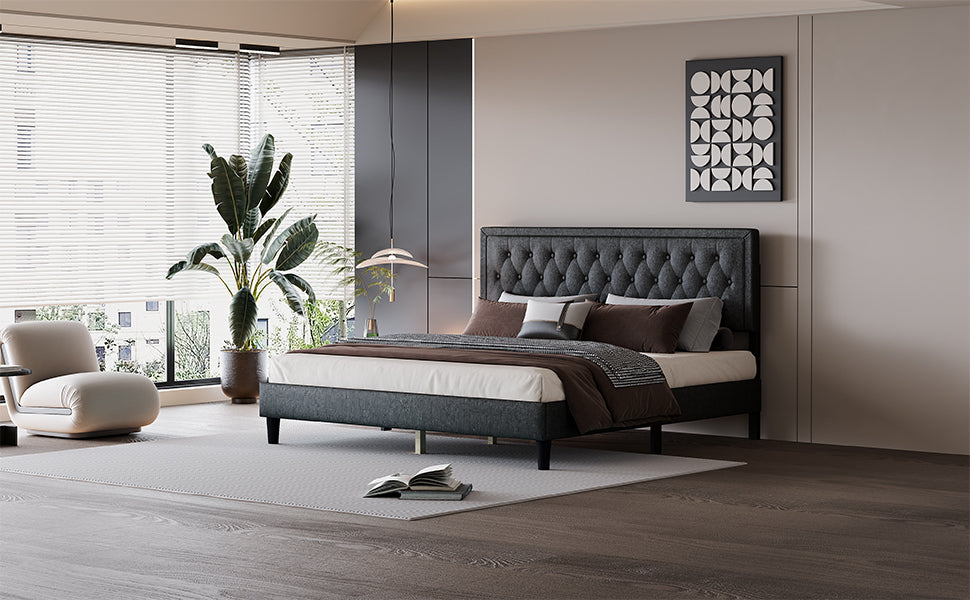 King Size Panel Bed Frame With Adjustable Button Tufted Headboard For Bedroom Linen Upholstered Wood Slat Support Easy Assembly,Dark Grey Dark Grey Wood