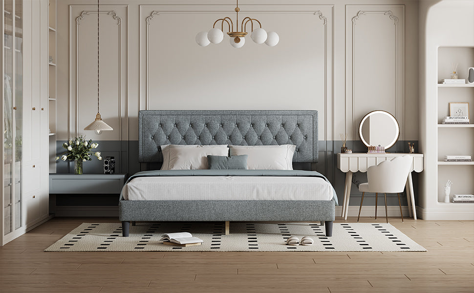 King Size Panel Bed Frame With Adjustable Button Tufted Headboard For Bedroom Linen Upholstered Wood Slat Support Easy Assembly,Light Grey Light Gray Wood