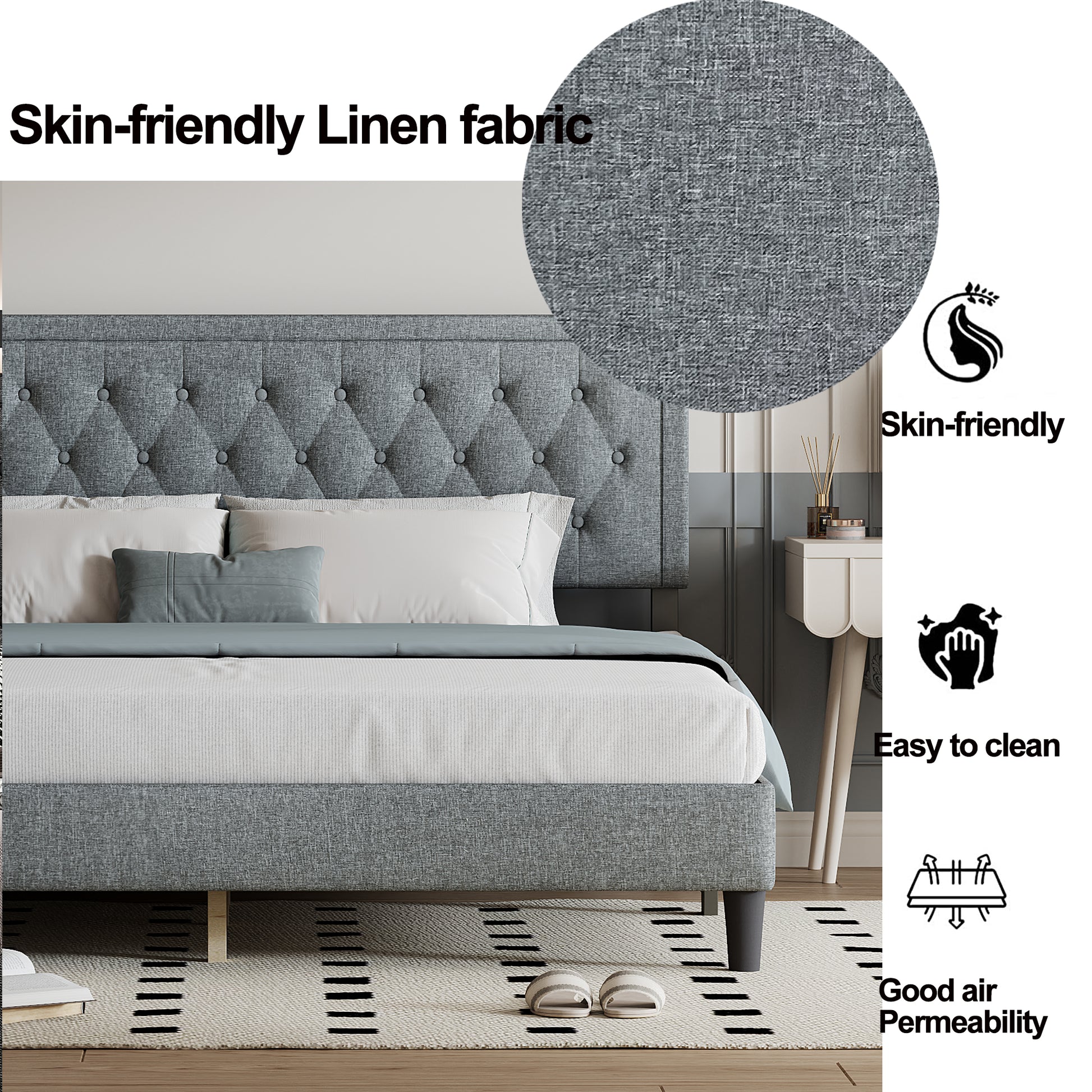 King Size Panel Bed Frame With Adjustable Button Tufted Headboard For Bedroom Linen Upholstered Wood Slat Support Easy Assembly,Light Grey Light Gray Wood