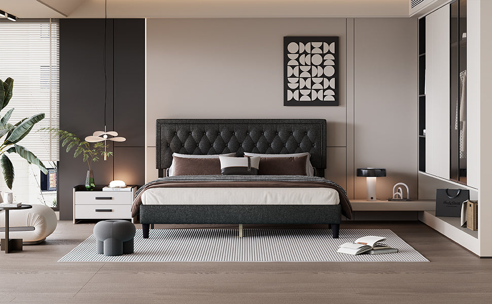 King Size Panel Bed Frame With Adjustable Button Tufted Headboard For Bedroom Linen Upholstered Wood Slat Support Easy Assembly,Dark Grey Dark Grey Wood