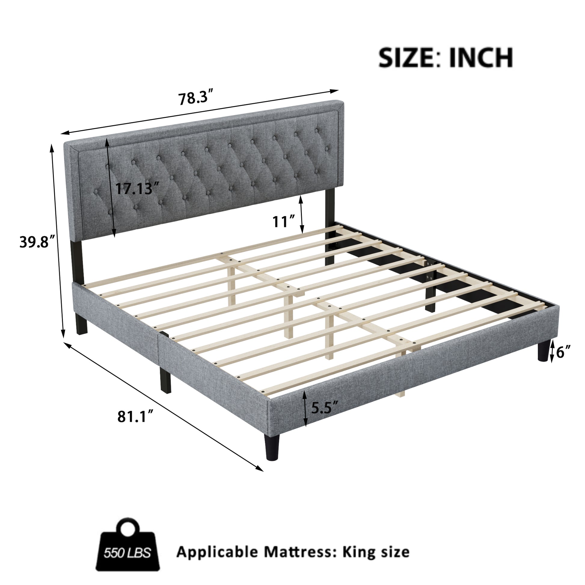 King Size Panel Bed Frame With Adjustable Button Tufted Headboard For Bedroom Linen Upholstered Wood Slat Support Easy Assembly,Light Grey Light Gray Wood