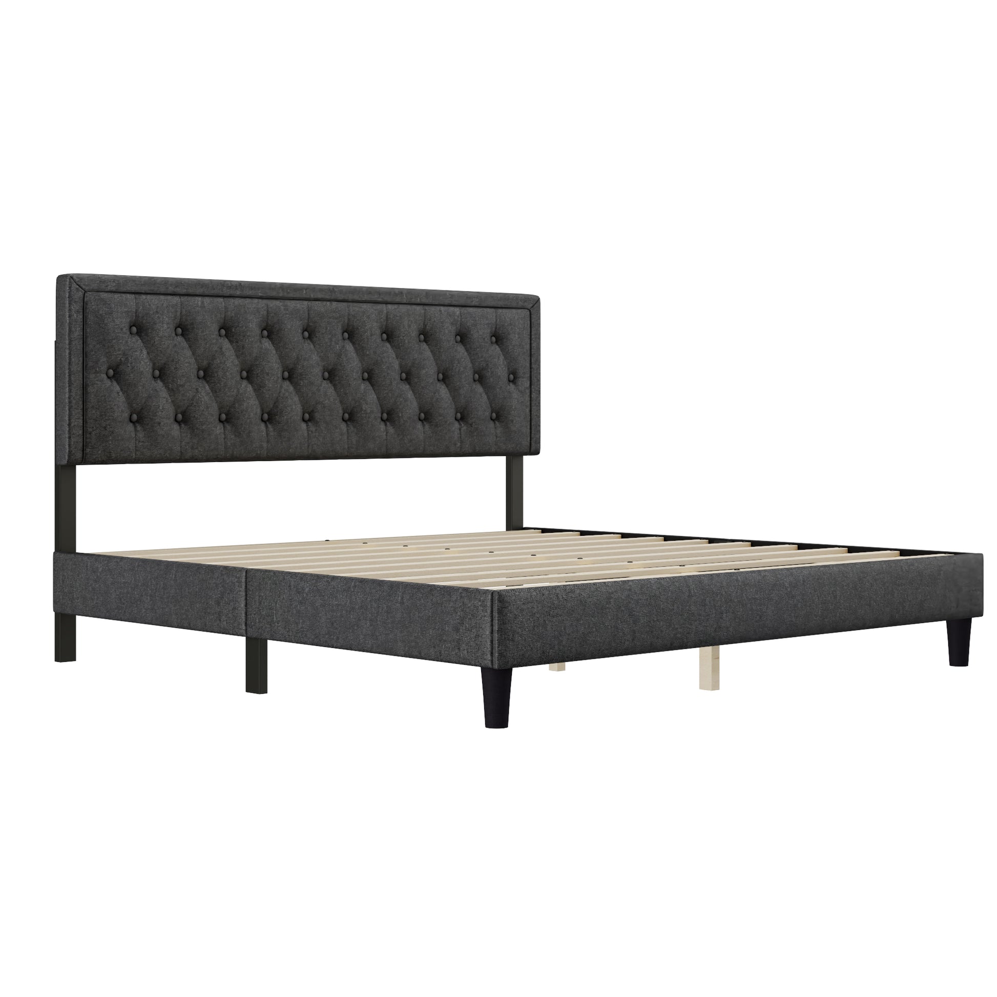 King Size Panel Bed Frame With Adjustable Button Tufted Headboard For Bedroom Linen Upholstered Wood Slat Support Easy Assembly,Dark Grey Dark Grey Wood