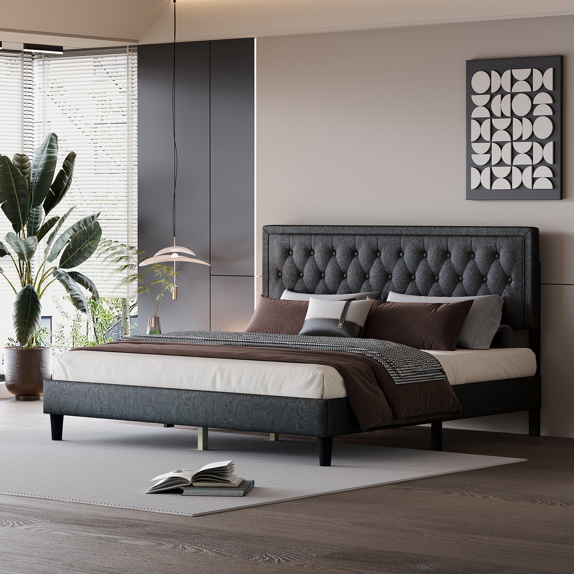 King Size Panel Bed Frame With Adjustable Button Tufted Headboard For Bedroom Linen Upholstered Wood Slat Support Easy Assembly,Dark Grey Dark Grey Wood