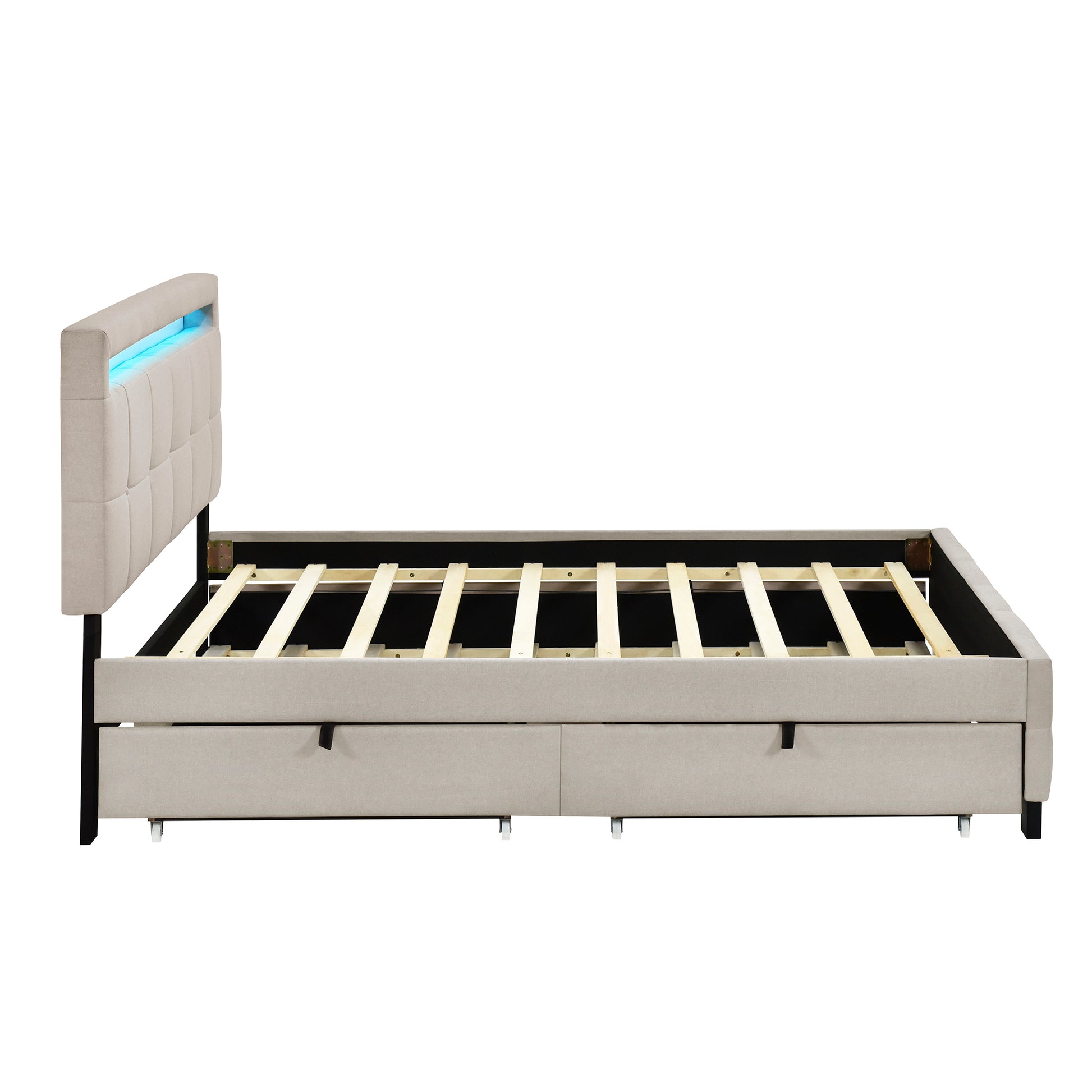 Queen Size Upholstered Platform Bed With Led Frame, With Twin Xl Size Trundle And 2 Drawers, Linen Fabric, Beige Beige Linen