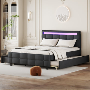 Queen Size Upholstered Platform Bed With Led Frame, With Twin Xl Size Trundle And 2 Drawers, Linen Fabric, Gray Gray Linen