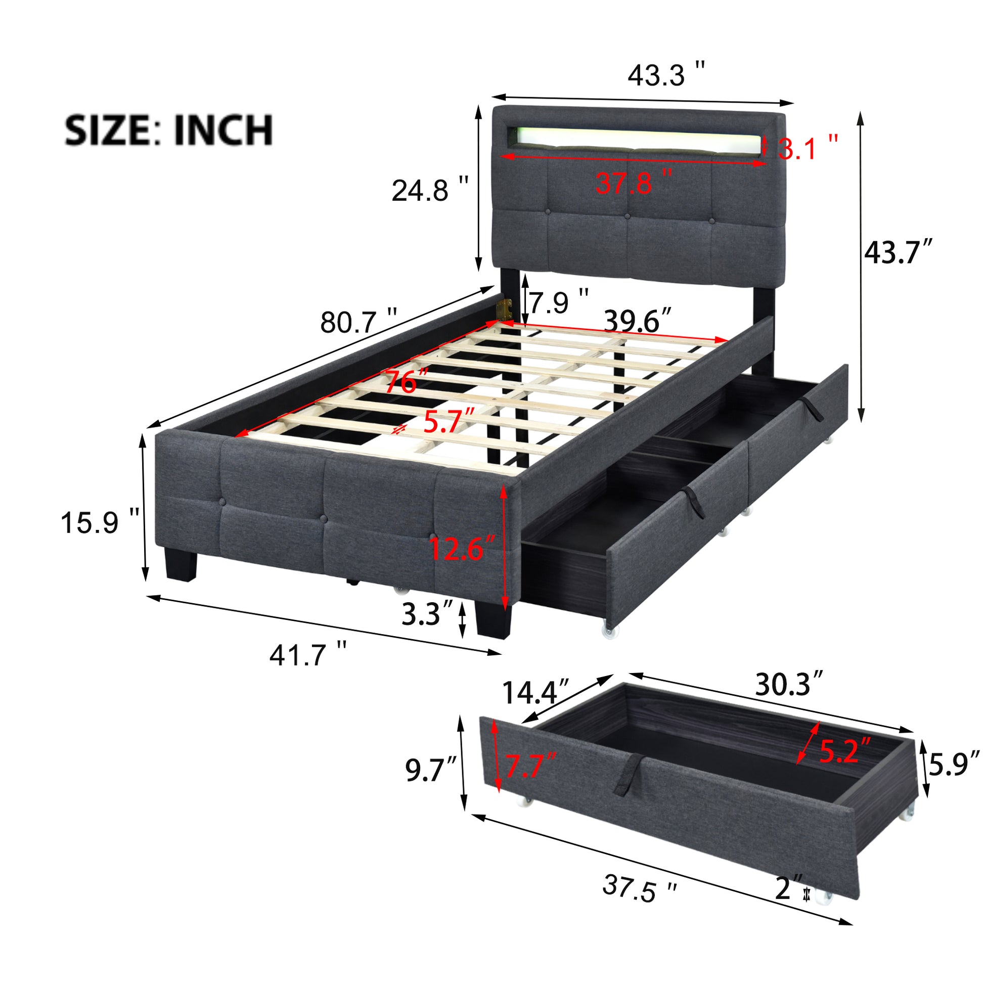 Twin Size Upholstered Platform Bed With Led Frame And 2 Drawers, Linen Fabric, Gray Gray Linen