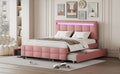 Queen Size Upholstered Platform Bed With Led Frame, With Twin Xl Size Trundle And 2 Drawers, Linen Fabric, Pink Pink Linen
