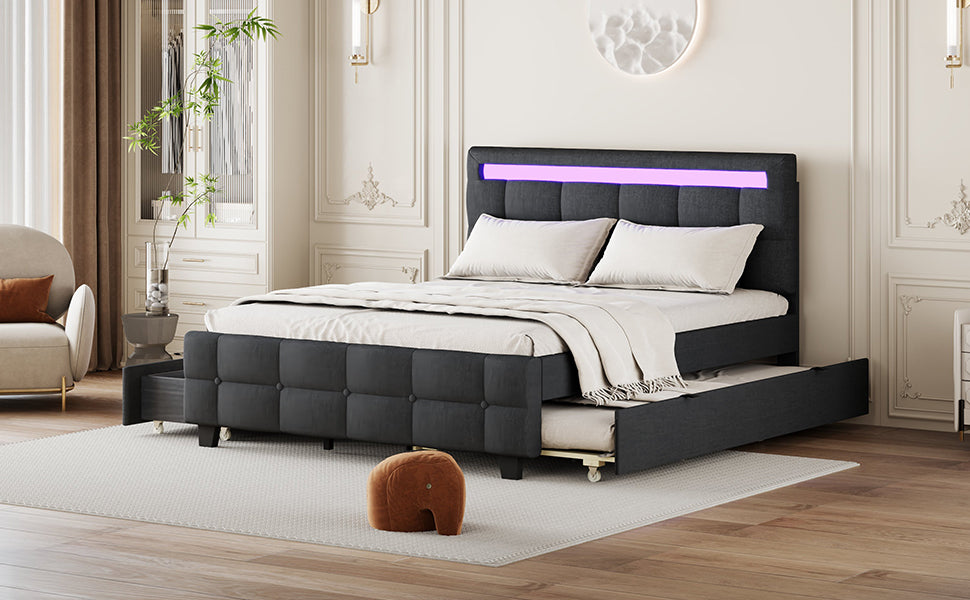 Queen Size Upholstered Platform Bed With Led Frame, With Twin Xl Size Trundle And 2 Drawers, Linen Fabric, Gray Gray Linen
