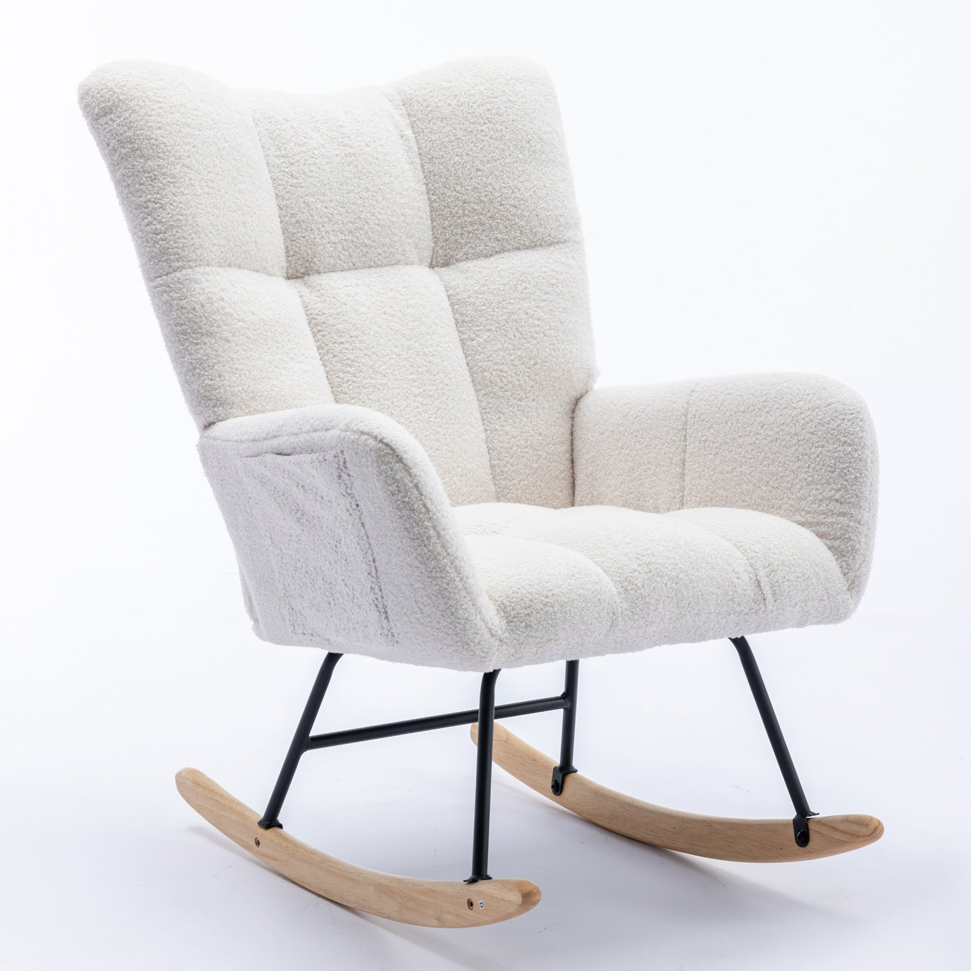 Rocking Chair With Pocket, Soft Teddy Fabric Rocking Chair For Nursery, Comfy Wingback Glider Rocker With Safe Solid Wood Base For Living Room Bedroom Balcony White White Casual Foam Teddy