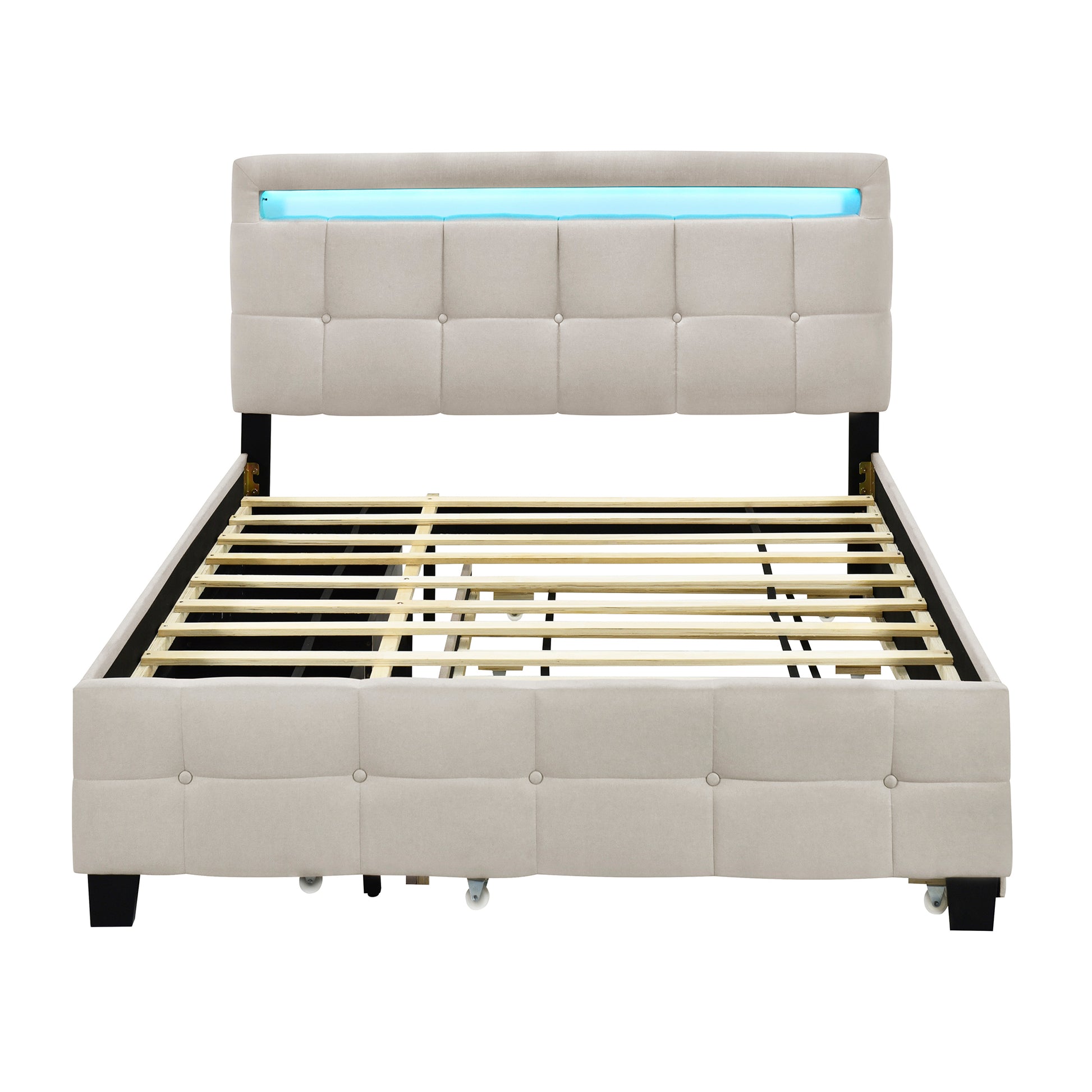 Queen Size Upholstered Platform Bed With Led Frame, With Twin Xl Size Trundle And 2 Drawers, Linen Fabric, Beige Beige Linen