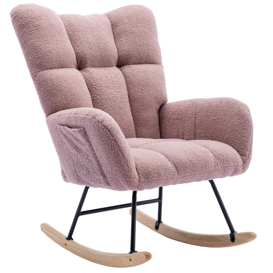 Rocking Chair With Pocket, Soft Teddy Fabric Rocking Chair For Nursery, Comfy Wingback Glider Rocker With Safe Solid Wood Base For Living Room Bedroom Balcony Pink Pink Casual Foam Teddy