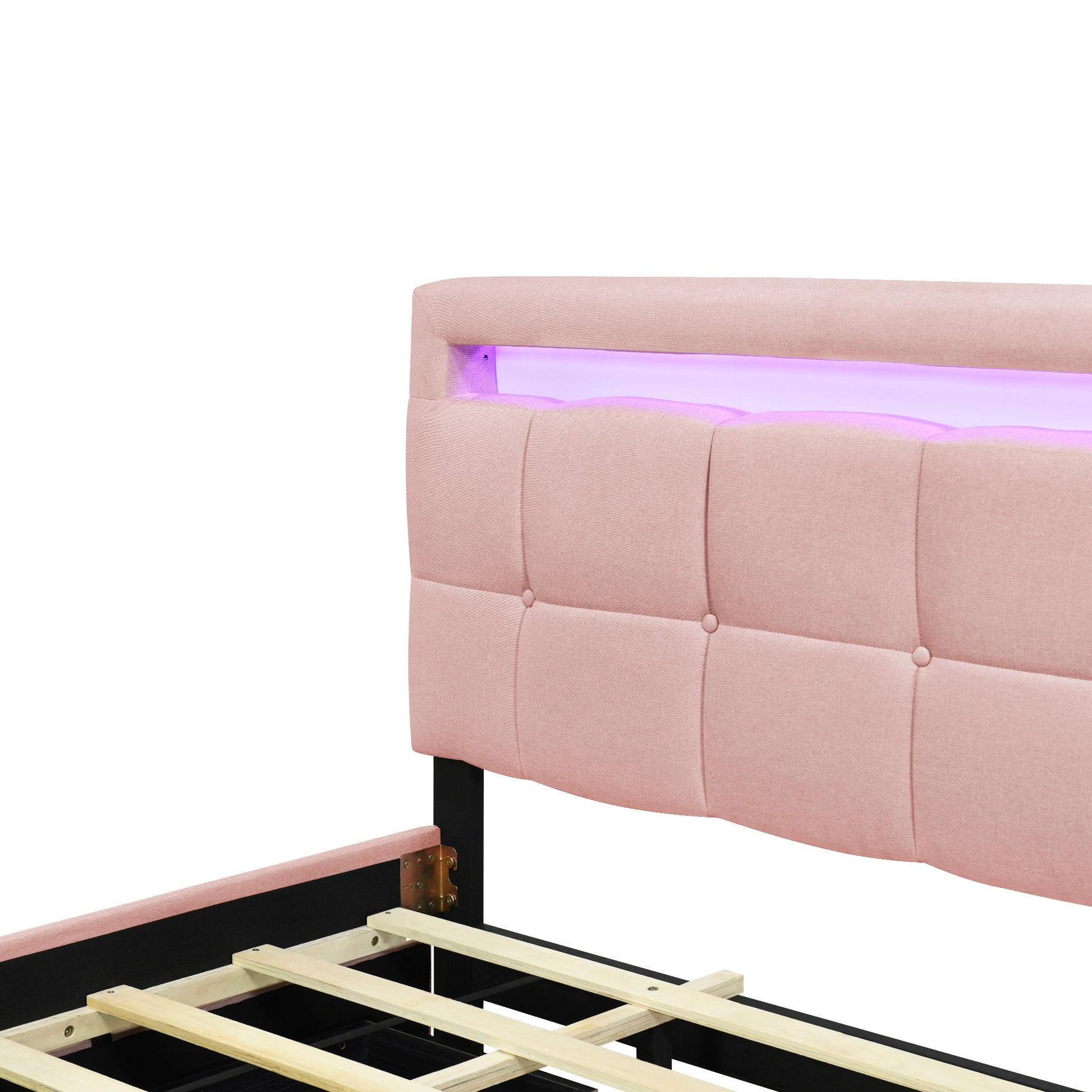 Queen Size Upholstered Platform Bed With Led Frame, With Twin Xl Size Trundle And 2 Drawers, Linen Fabric, Pink Pink Linen