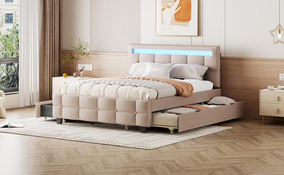 Queen Size Upholstered Platform Bed With Led Frame, With Twin Xl Size Trundle And 2 Drawers, Linen Fabric, Beige Beige Linen