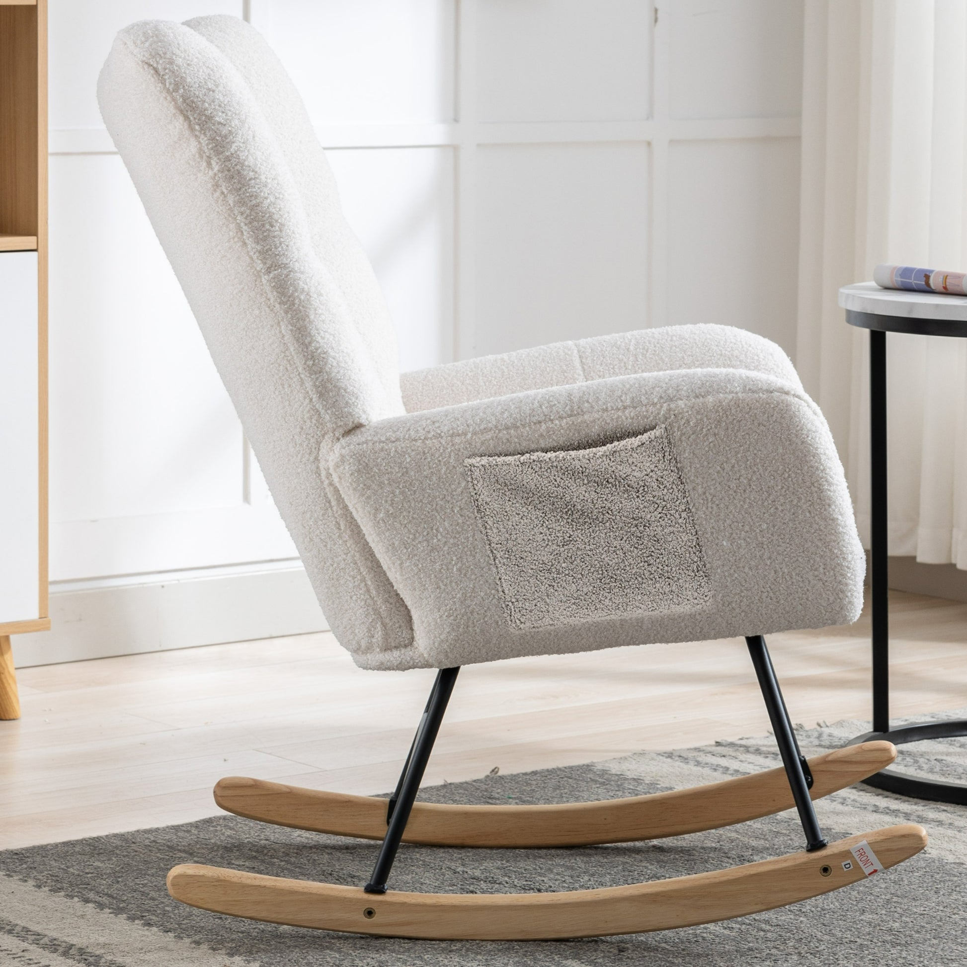 Rocking Chair With Pocket, Soft Teddy Fabric Rocking Chair For Nursery, Comfy Wingback Glider Rocker With Safe Solid Wood Base For Living Room Bedroom Balcony White White Casual Foam Teddy