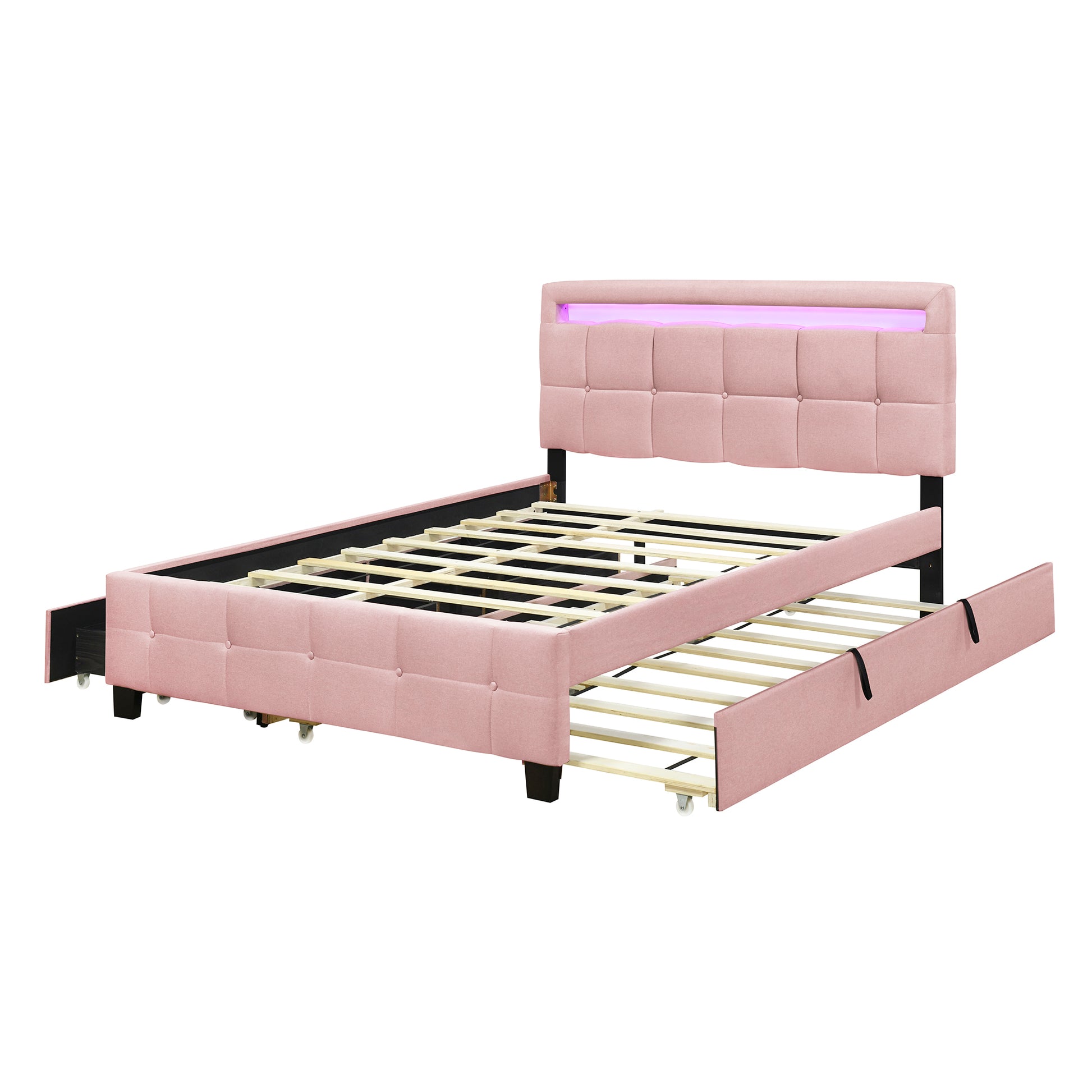 Queen Size Upholstered Platform Bed With Led Frame, With Twin Xl Size Trundle And 2 Drawers, Linen Fabric, Pink Pink Linen