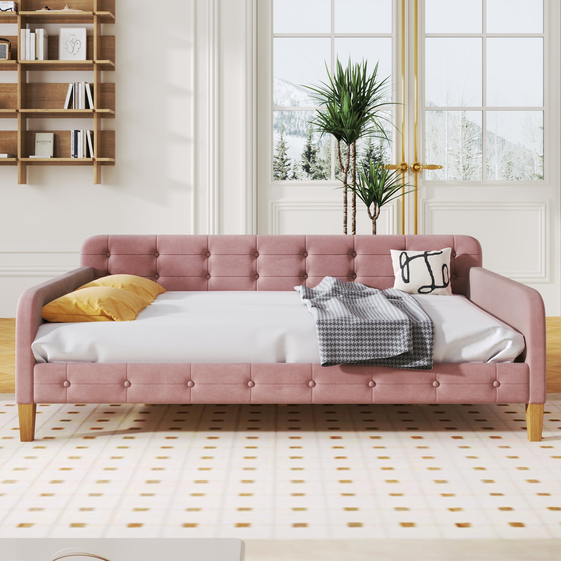 Full Size Upholstered Daybed With 4 Support Legs,Pink Full Pink Upholstered