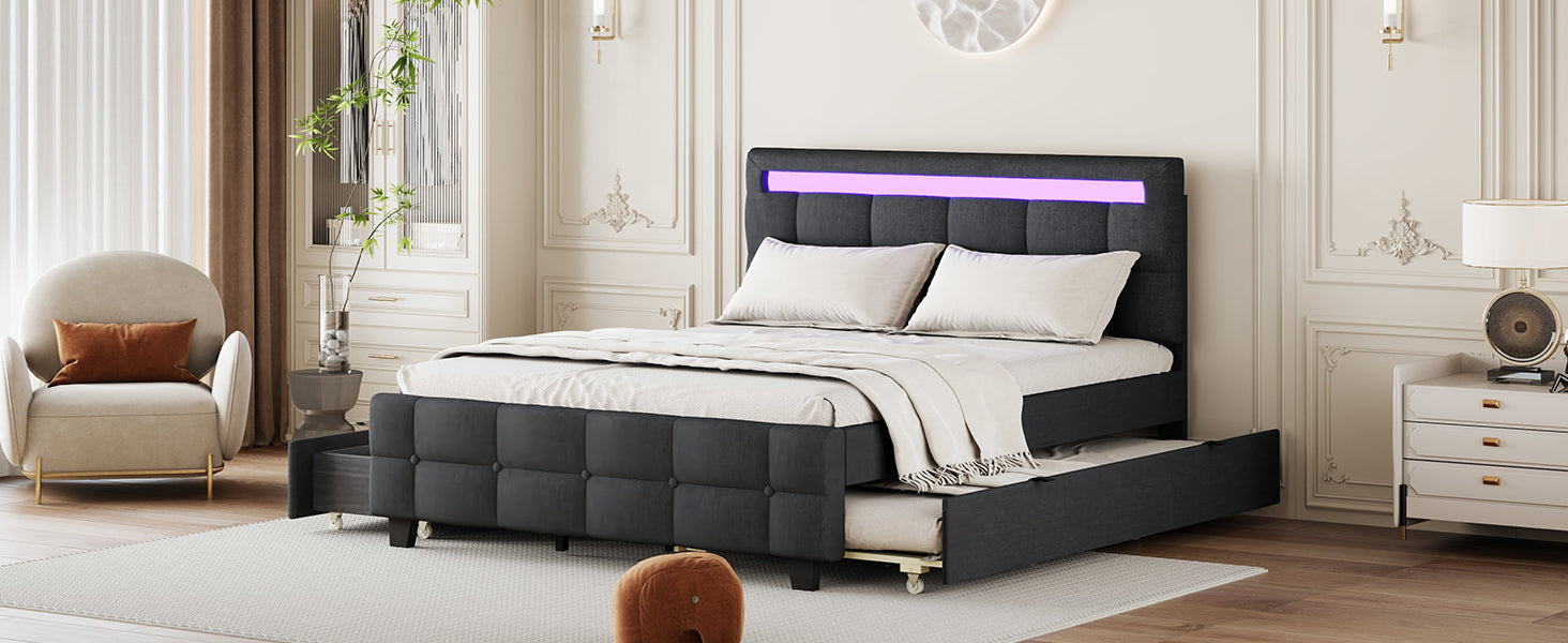 Queen Size Upholstered Platform Bed With Led Frame, With Twin Xl Size Trundle And 2 Drawers, Linen Fabric, Gray Gray Linen