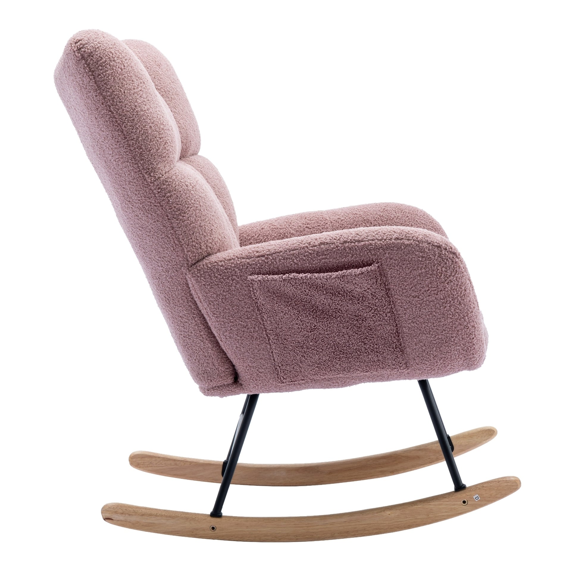 Rocking Chair With Pocket, Soft Teddy Fabric Rocking Chair For Nursery, Comfy Wingback Glider Rocker With Safe Solid Wood Base For Living Room Bedroom Balcony Pink Pink Casual Foam Teddy