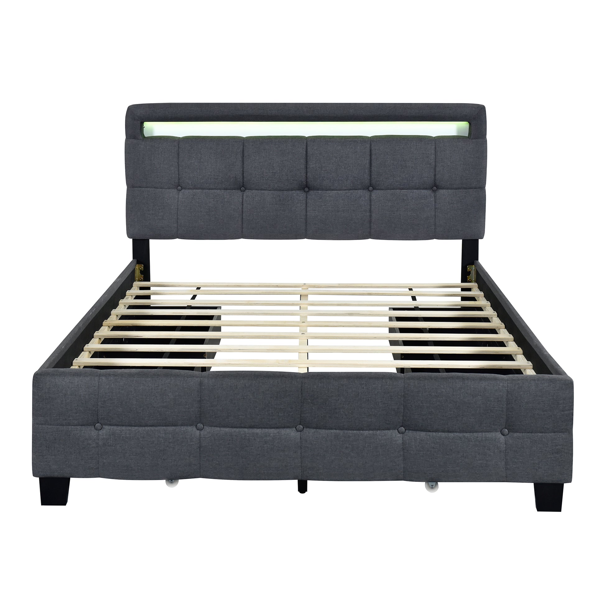 Queen Size Upholstered Platform Bed With Led Frame And 4 Drawers, Linen Fabric, Gray Gray Linen