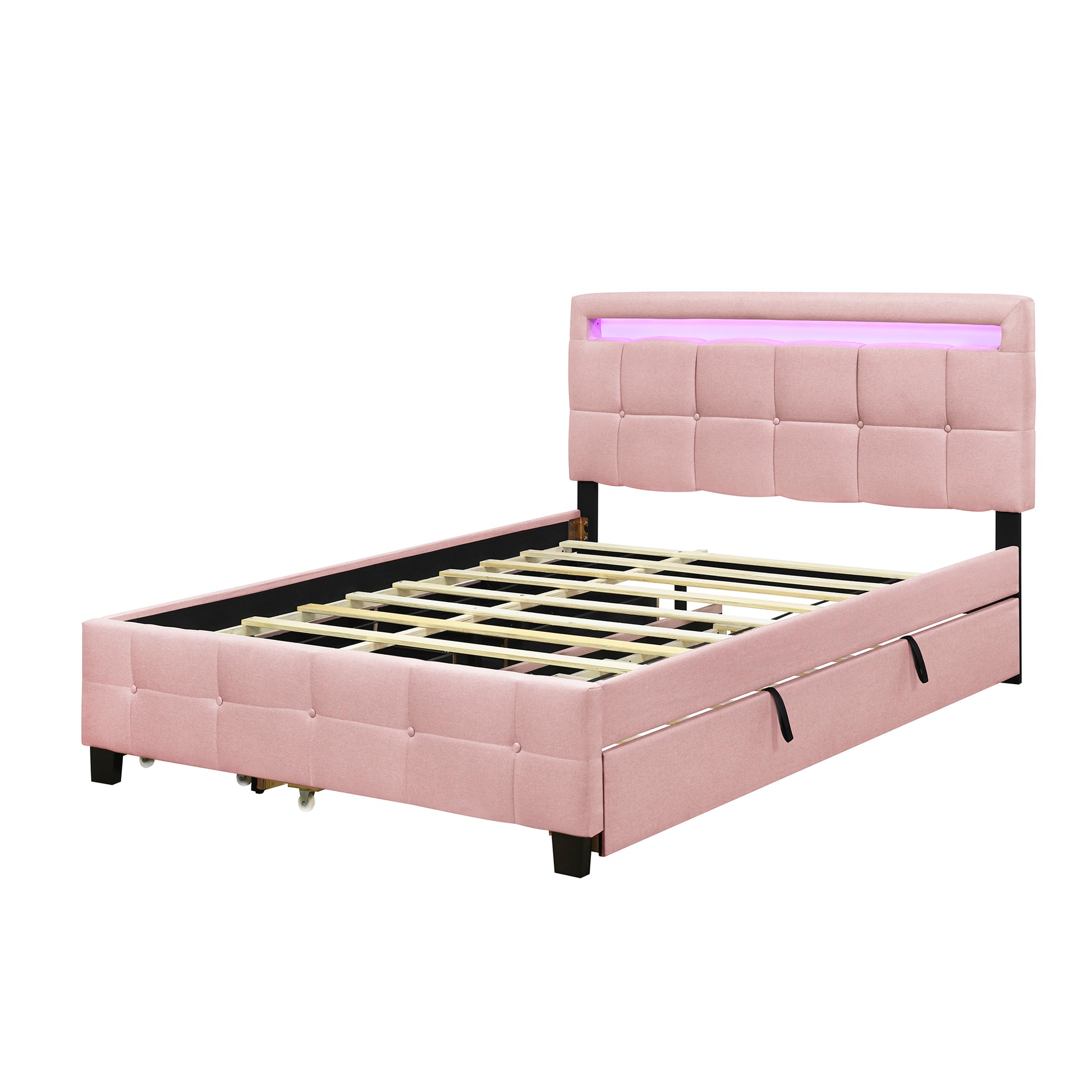 Queen Size Upholstered Platform Bed With Led Frame, With Twin Xl Size Trundle And 2 Drawers, Linen Fabric, Pink Pink Linen