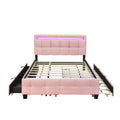 Queen Size Upholstered Platform Bed With Led Frame, With Twin Xl Size Trundle And 2 Drawers, Linen Fabric, Pink Pink Linen