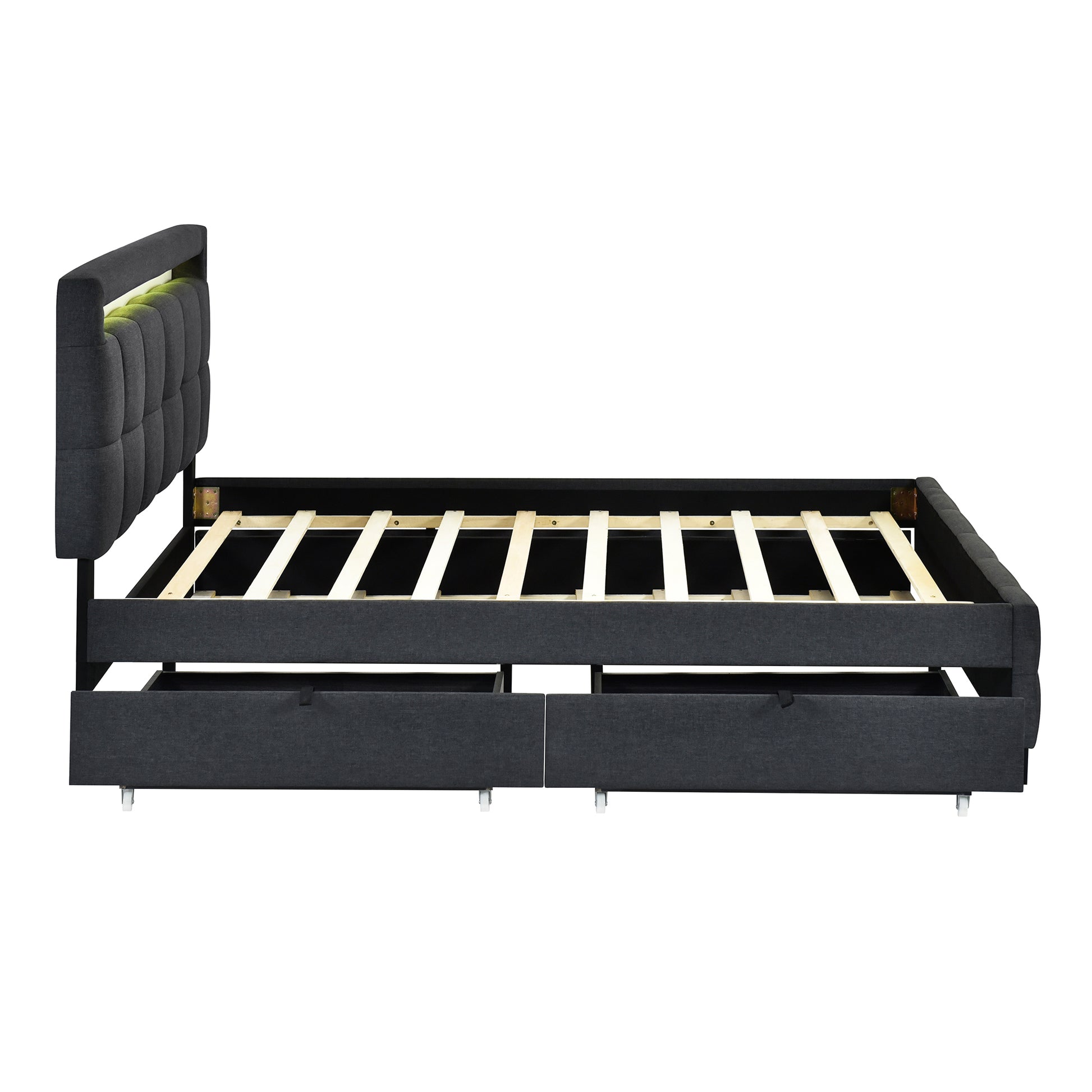 Queen Size Upholstered Platform Bed With Led Frame, With Twin Xl Size Trundle And 2 Drawers, Linen Fabric, Gray Gray Linen