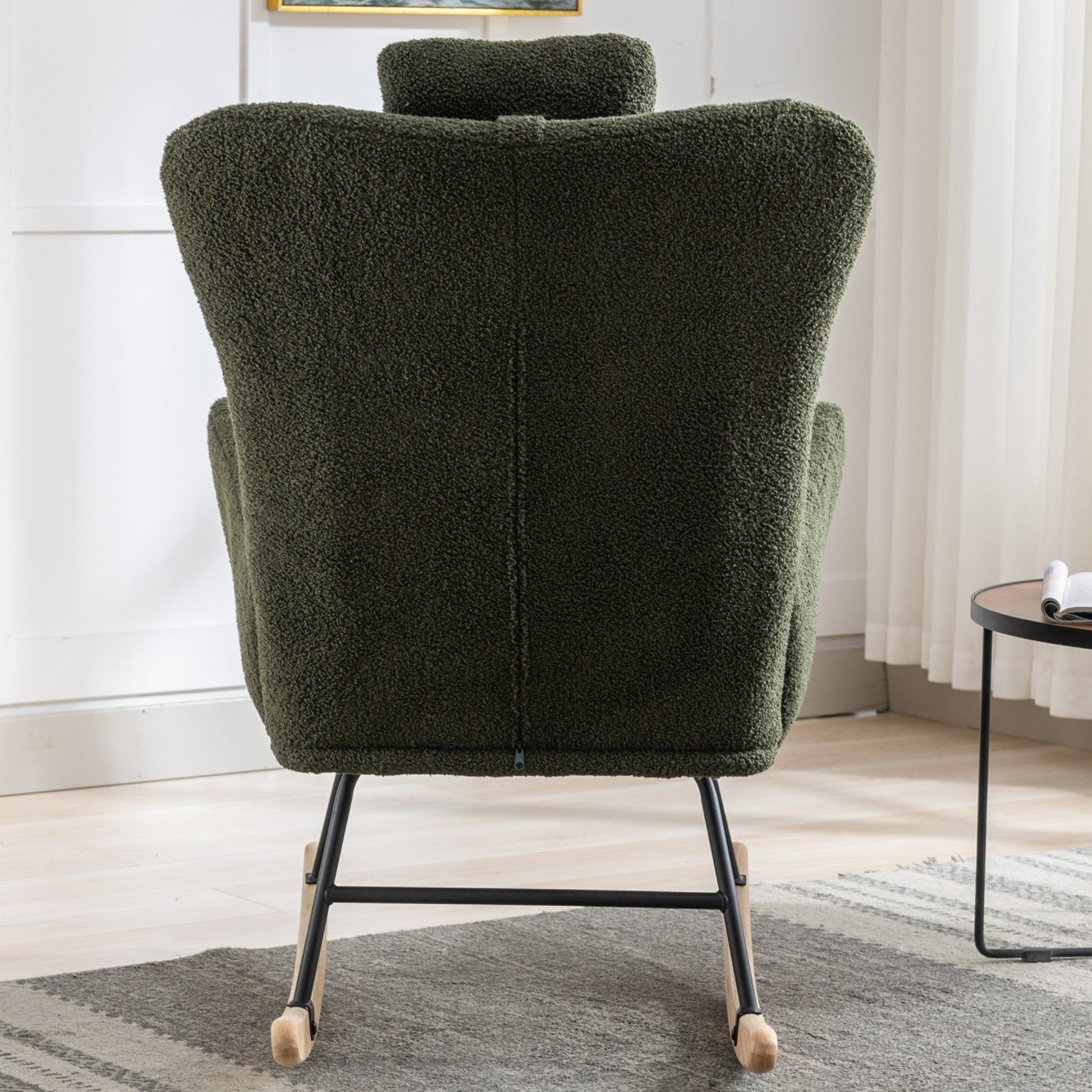 35.5 Inch Rocking Chair With Pocket, Soft Teddy Fabric Rocking Chair For Nursery, Comfy Wingback Glider Rocker With Safe Solid Wood Base For Living Room Bedroom Balcony Dark Green Dark Green Casual Foam Teddy