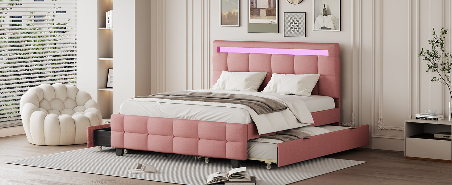 Queen Size Upholstered Platform Bed With Led Frame, With Twin Xl Size Trundle And 2 Drawers, Linen Fabric, Pink Pink Linen