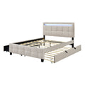 Queen Size Upholstered Platform Bed With Led Frame, With Twin Xl Size Trundle And 2 Drawers, Linen Fabric, Beige Beige Linen