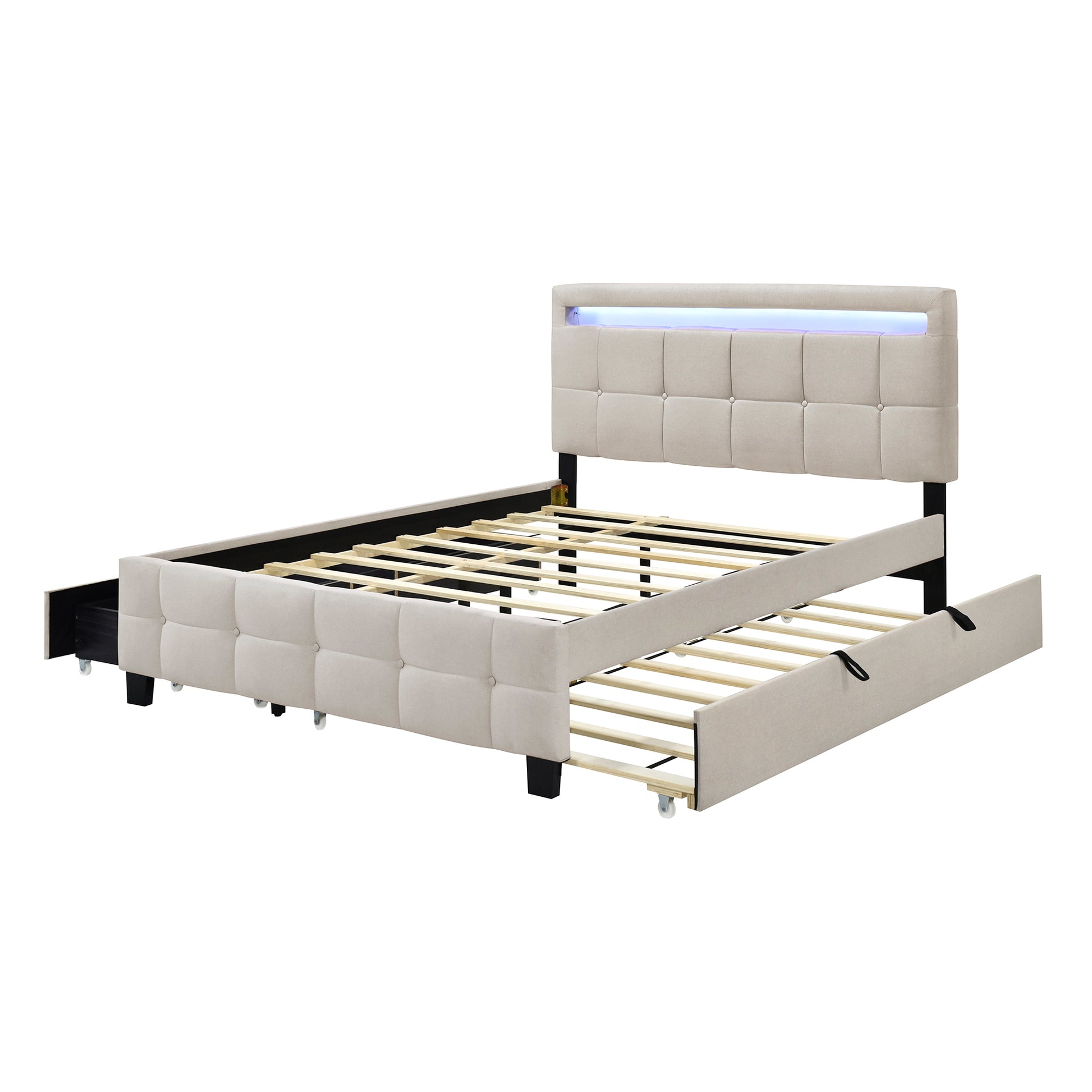 Queen Size Upholstered Platform Bed With Led Frame, With Twin Xl Size Trundle And 2 Drawers, Linen Fabric, Beige Beige Linen
