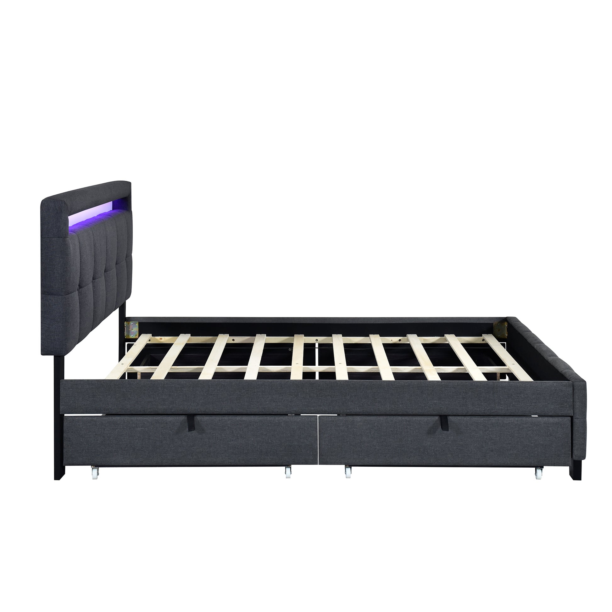 Queen Size Upholstered Platform Bed With Led Frame And 4 Drawers, Linen Fabric, Gray Gray Linen