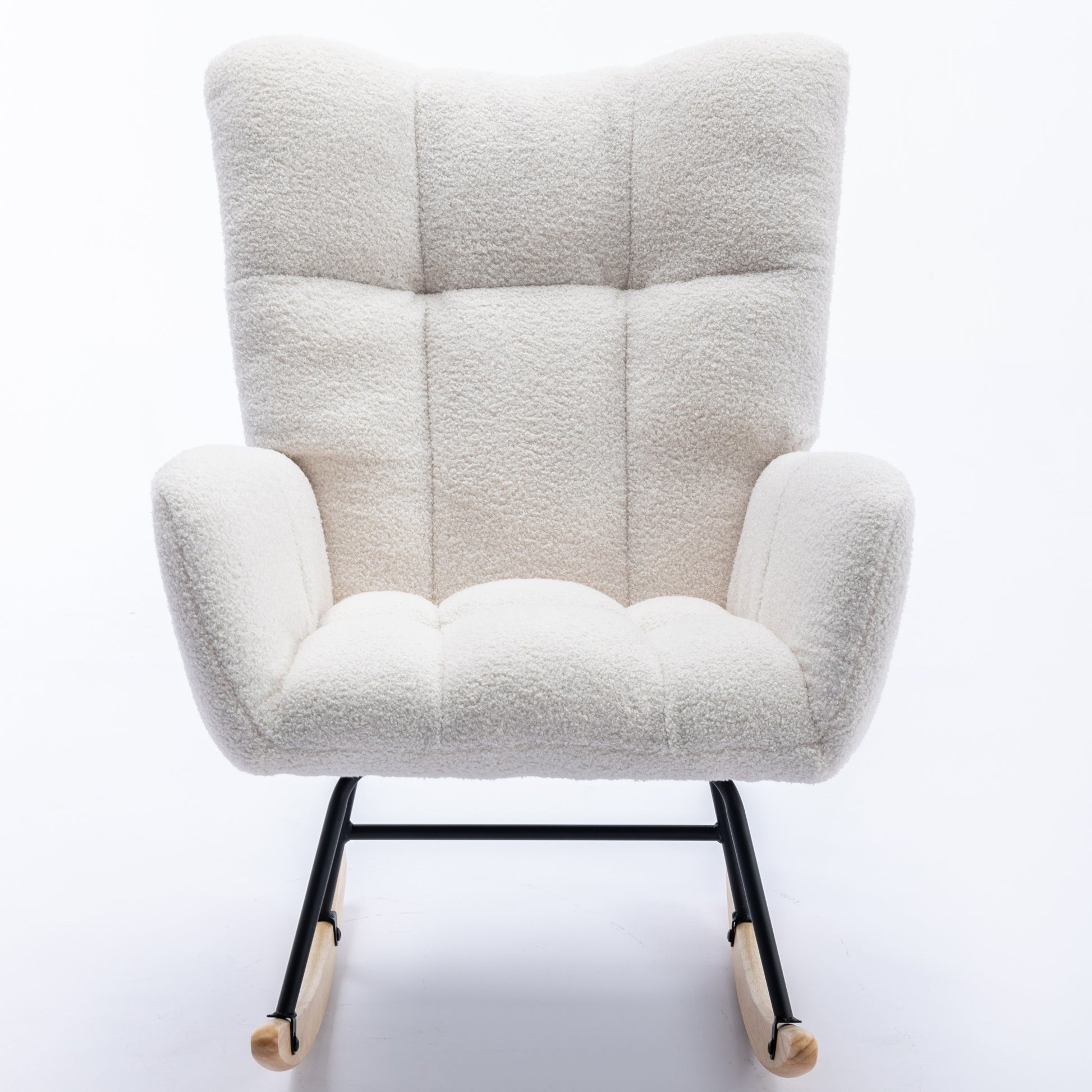 Rocking Chair With Pocket, Soft Teddy Fabric Rocking Chair For Nursery, Comfy Wingback Glider Rocker With Safe Solid Wood Base For Living Room Bedroom Balcony White White Casual Foam Teddy
