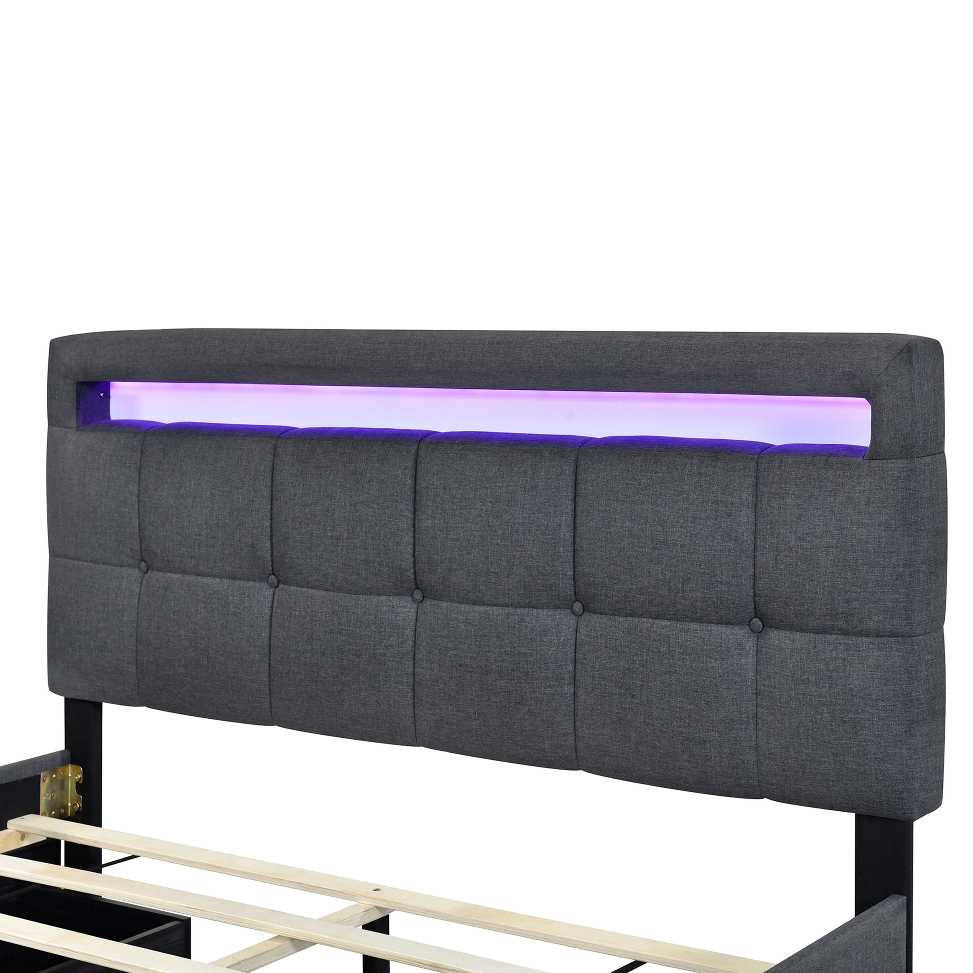 Queen Size Upholstered Platform Bed With Led Frame And 4 Drawers, Linen Fabric, Gray Gray Linen