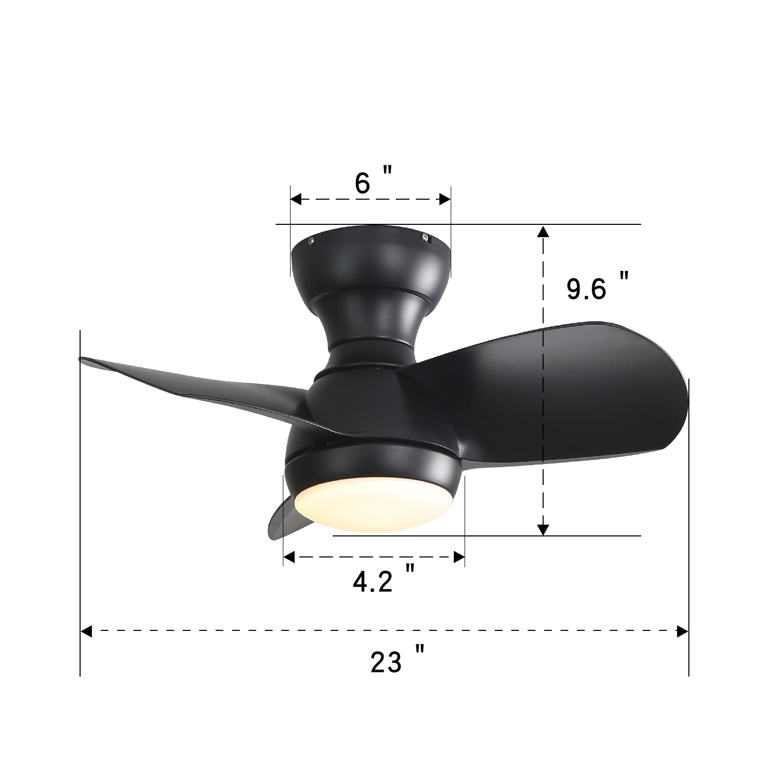 23 Inch Bedroom With 3 Color Dimmable 3 Abs Blades Remote Control Dc Motor Black With 18W Led Light Black Abs
