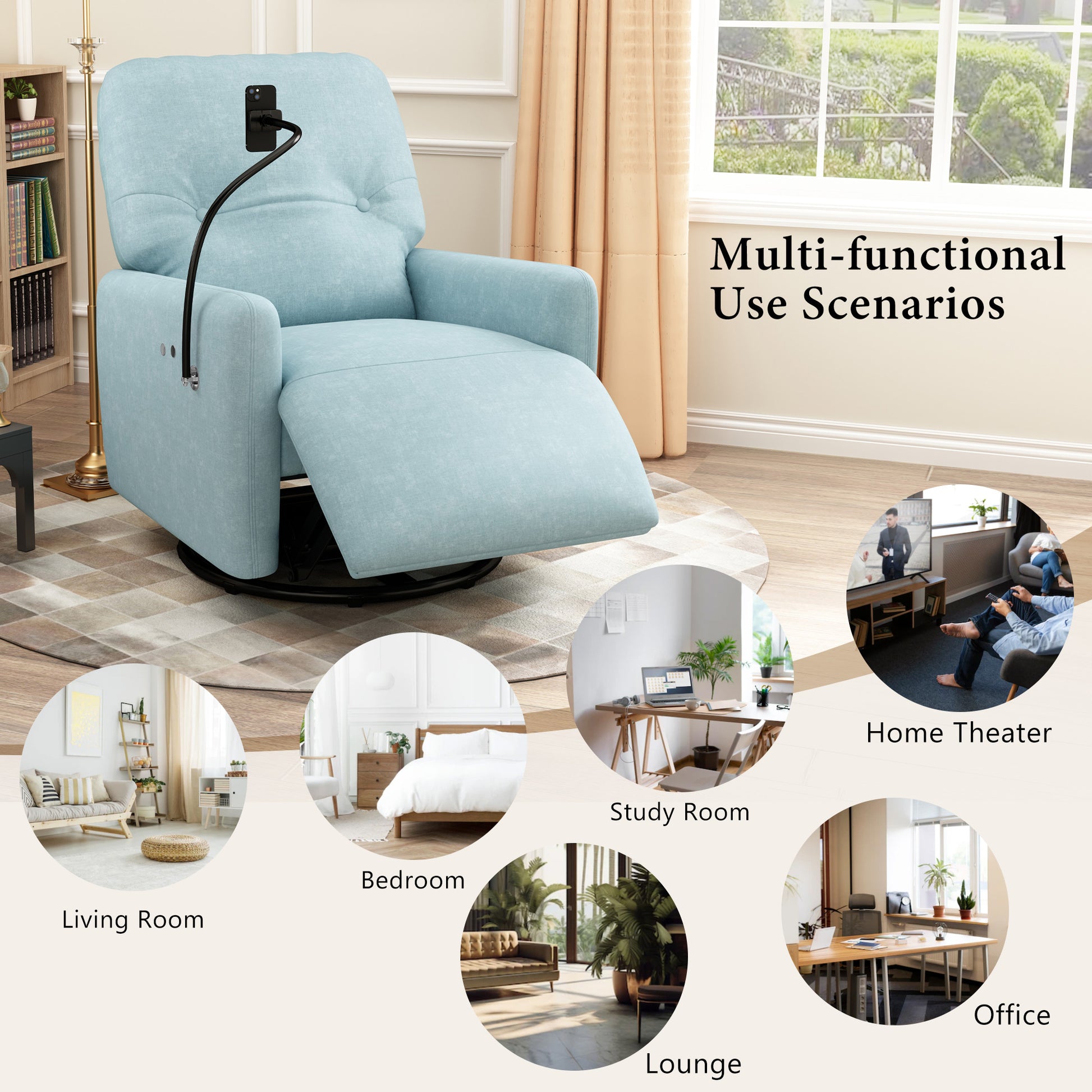 270 Degree Swivel Electric Recliner Home Theater Seating Single Reclining Sofa Rocking Motion Recliner With A Phone Holder For Living Room, Blue Blue Foam Polyester