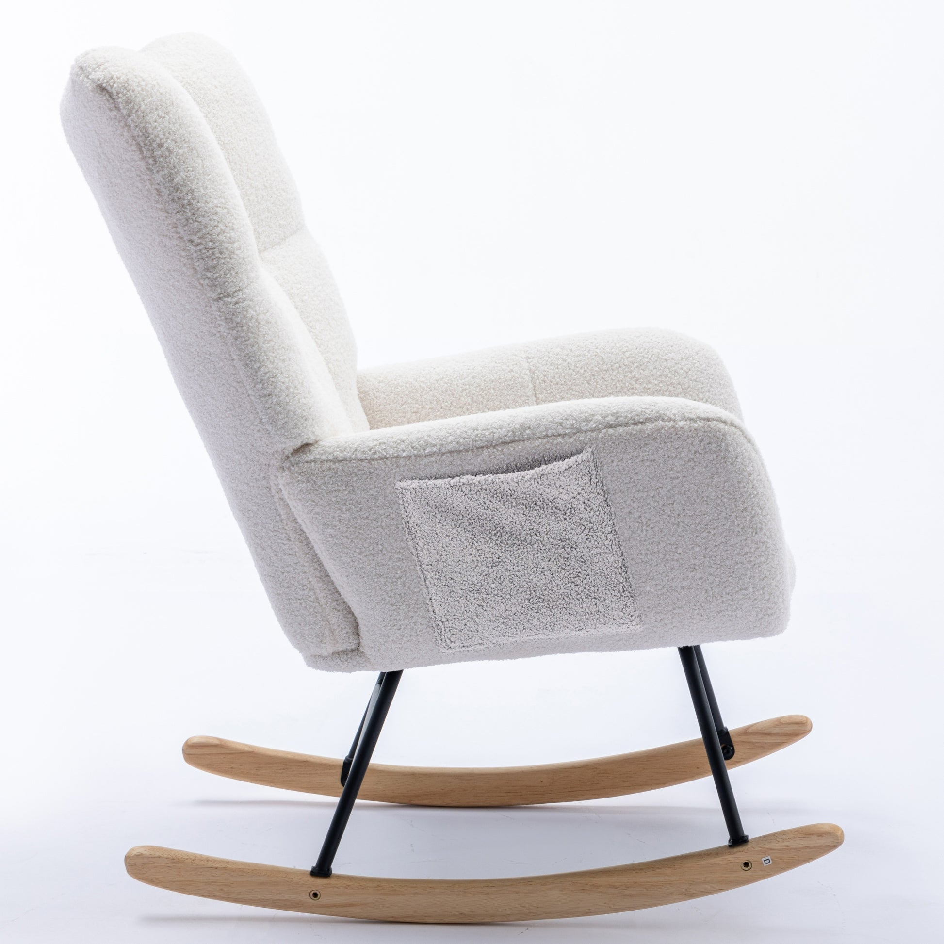 Rocking Chair With Pocket, Soft Teddy Fabric Rocking Chair For Nursery, Comfy Wingback Glider Rocker With Safe Solid Wood Base For Living Room Bedroom Balcony White White Casual Foam Teddy