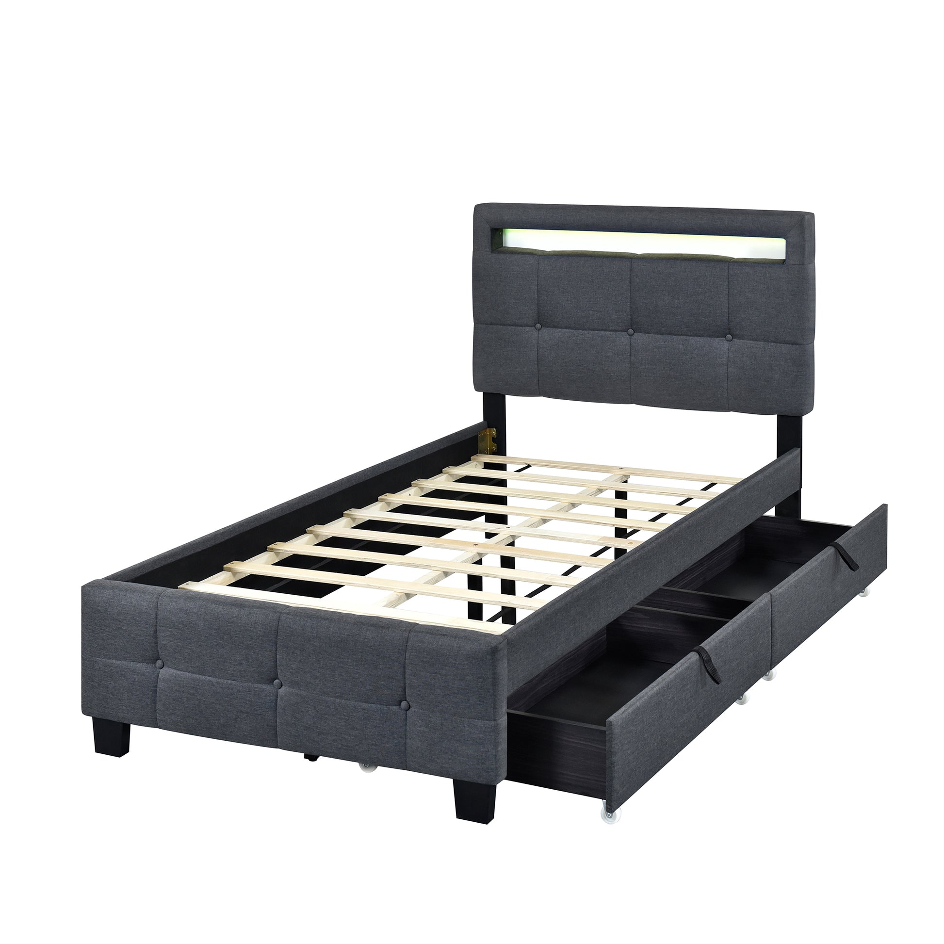 Twin Size Upholstered Platform Bed With Led Frame And 2 Drawers, Linen Fabric, Gray Gray Linen