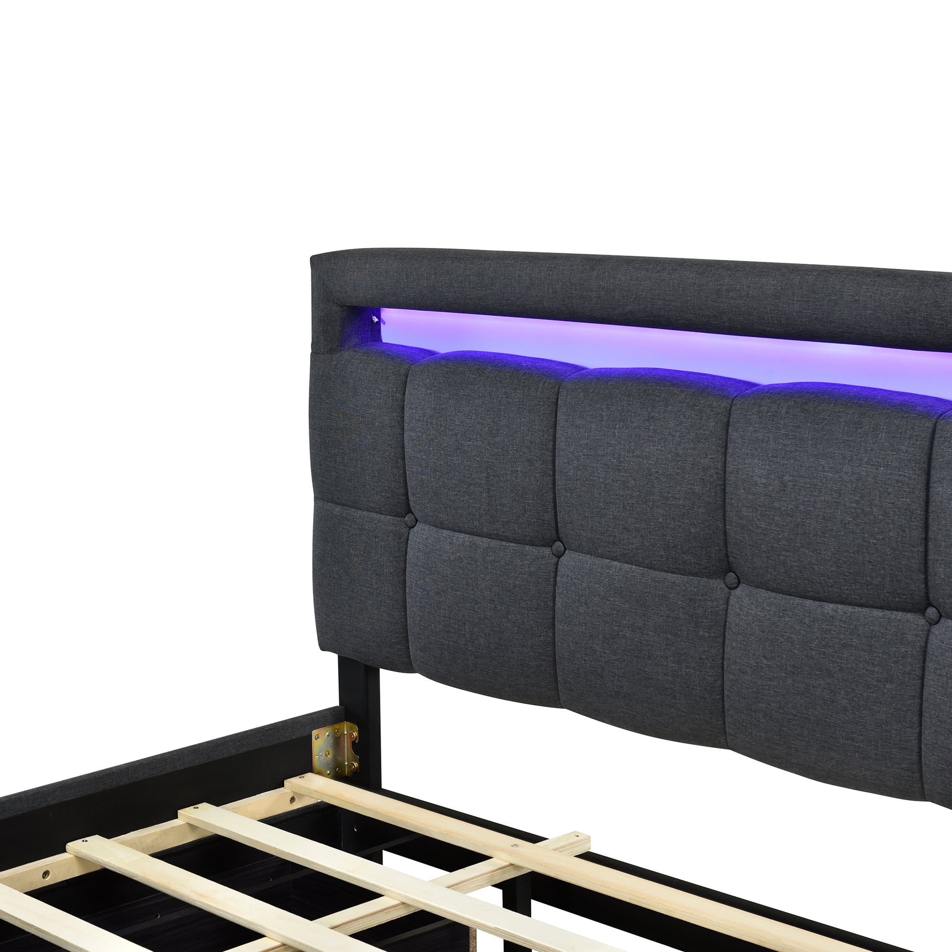 Queen Size Upholstered Platform Bed With Led Frame, With Twin Xl Size Trundle And 2 Drawers, Linen Fabric, Gray Gray Linen