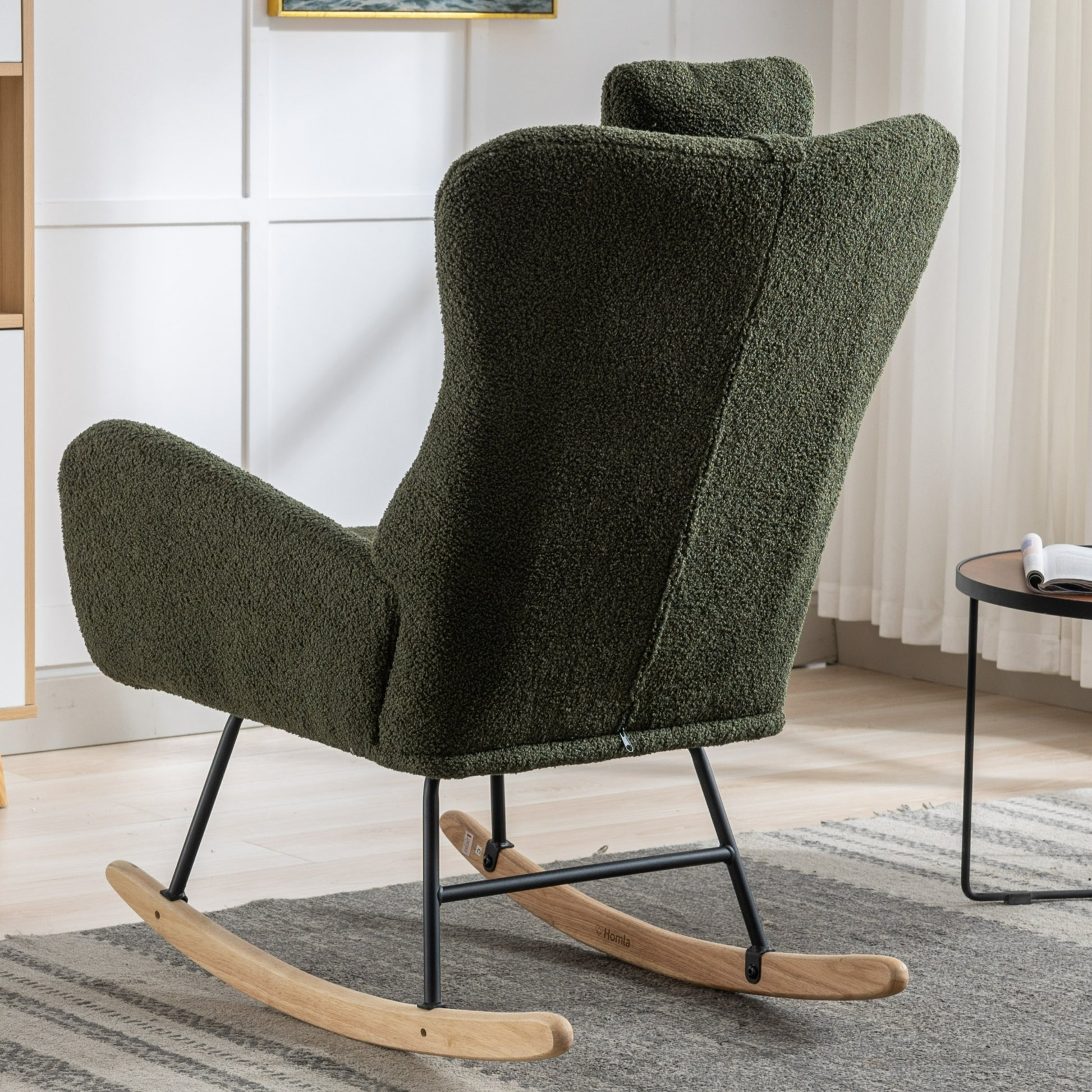 35.5 Inch Rocking Chair With Pocket, Soft Teddy Fabric Rocking Chair For Nursery, Comfy Wingback Glider Rocker With Safe Solid Wood Base For Living Room Bedroom Balcony Dark Green Dark Green Casual Foam Teddy