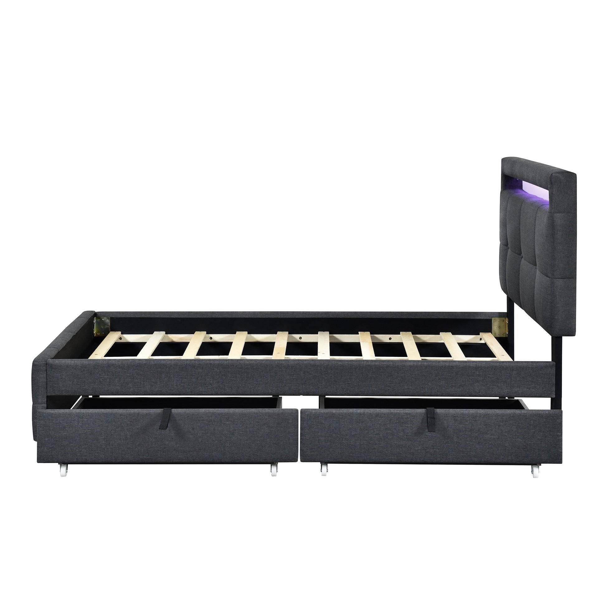 Twin Size Upholstered Platform Bed With Led Frame And 2 Drawers, Linen Fabric, Gray Gray Linen