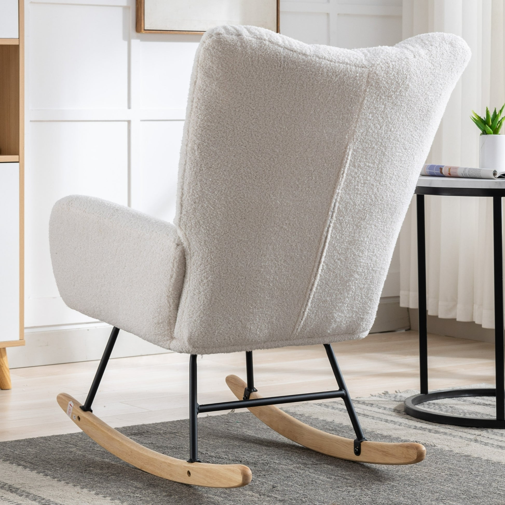 Rocking Chair With Pocket, Soft Teddy Fabric Rocking Chair For Nursery, Comfy Wingback Glider Rocker With Safe Solid Wood Base For Living Room Bedroom Balcony White White Casual Foam Teddy