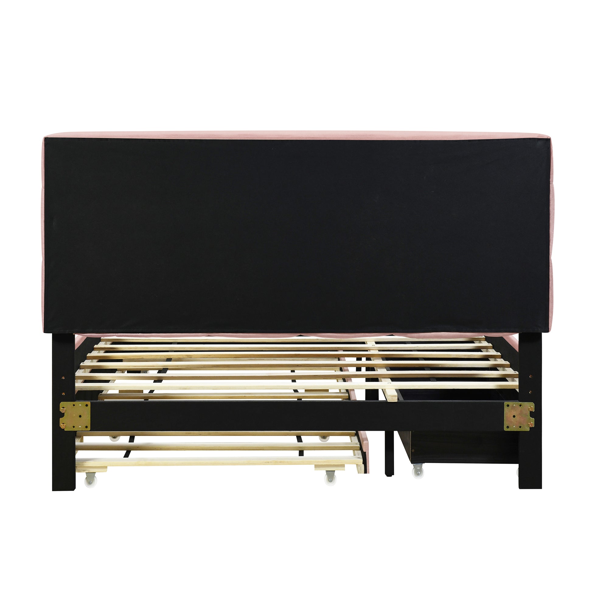 Queen Size Upholstered Platform Bed With Led Frame, With Twin Xl Size Trundle And 2 Drawers, Linen Fabric, Pink Pink Linen