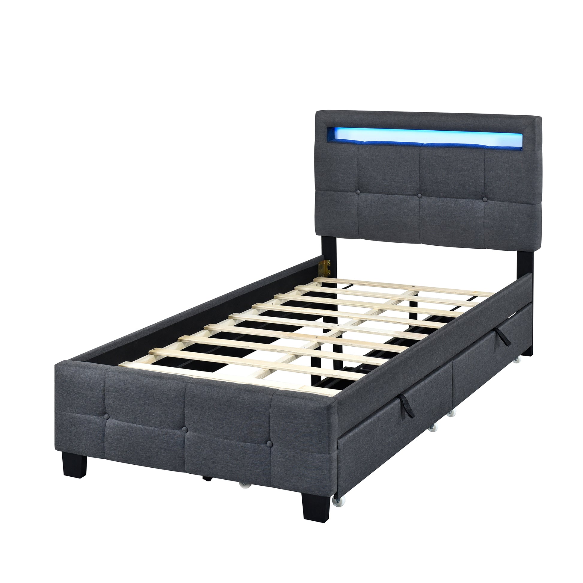 Twin Size Upholstered Platform Bed With Led Frame And 2 Drawers, Linen Fabric, Gray Gray Linen