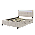 Queen Size Upholstered Platform Bed With Led Frame, With Twin Xl Size Trundle And 2 Drawers, Linen Fabric, Beige Beige Linen