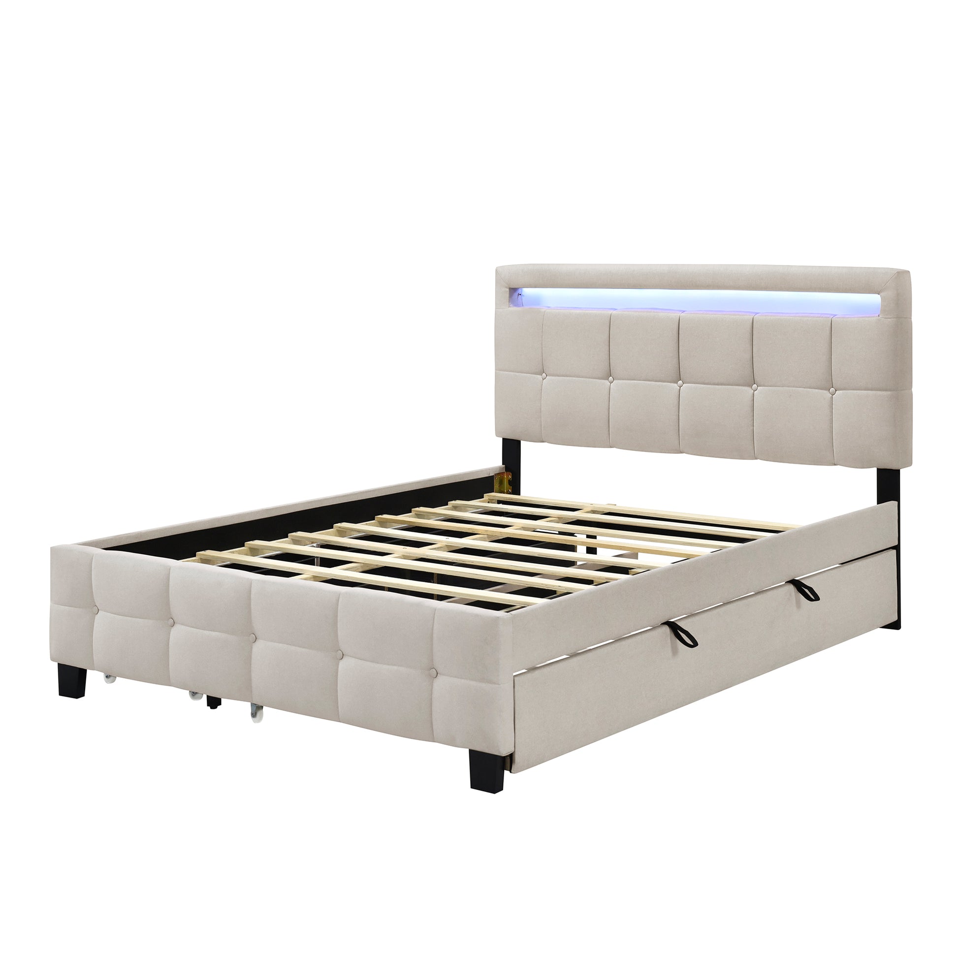 Queen Size Upholstered Platform Bed With Led Frame, With Twin Xl Size Trundle And 2 Drawers, Linen Fabric, Beige Beige Linen