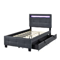 Twin Size Upholstered Platform Bed With Led Frame And 2 Drawers, Linen Fabric, Gray Gray Linen