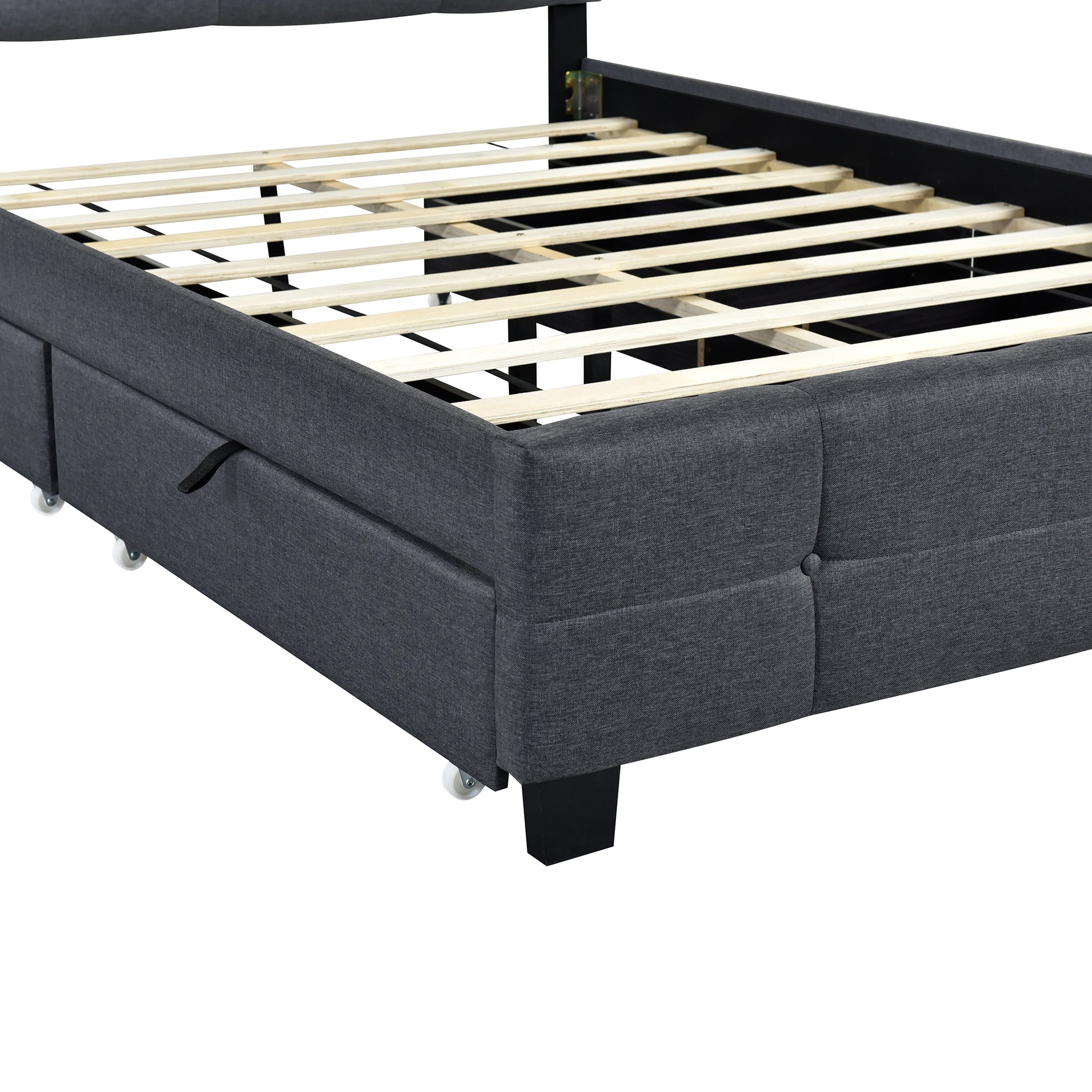 Full Size Upholstered Platform Bed With Led Frame And 4 Drawers, Linen Fabric, Gray Gray Linen