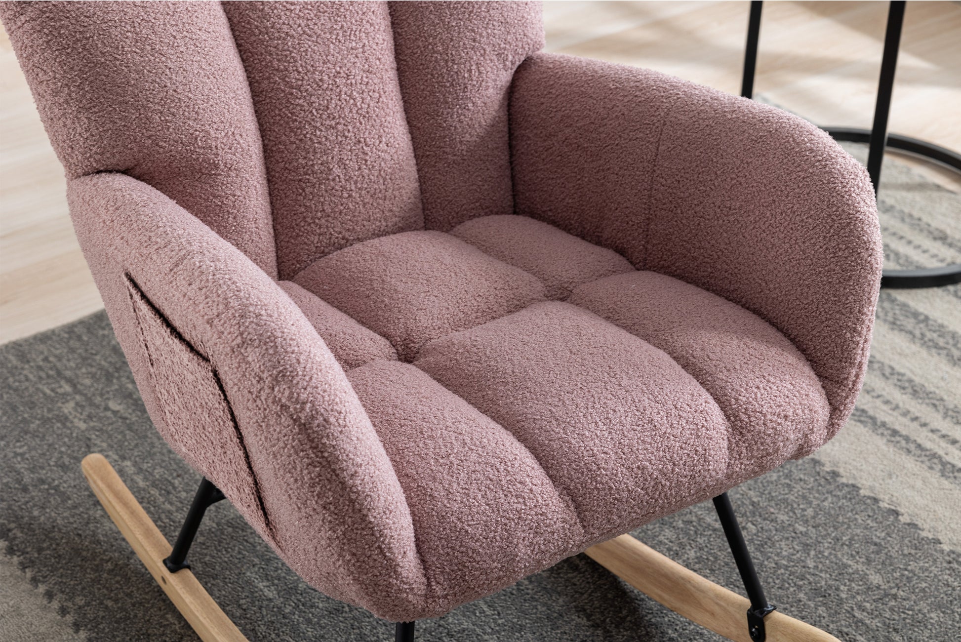Rocking Chair With Pocket, Soft Teddy Fabric Rocking Chair For Nursery, Comfy Wingback Glider Rocker With Safe Solid Wood Base For Living Room Bedroom Balcony Pink Pink Casual Foam Teddy