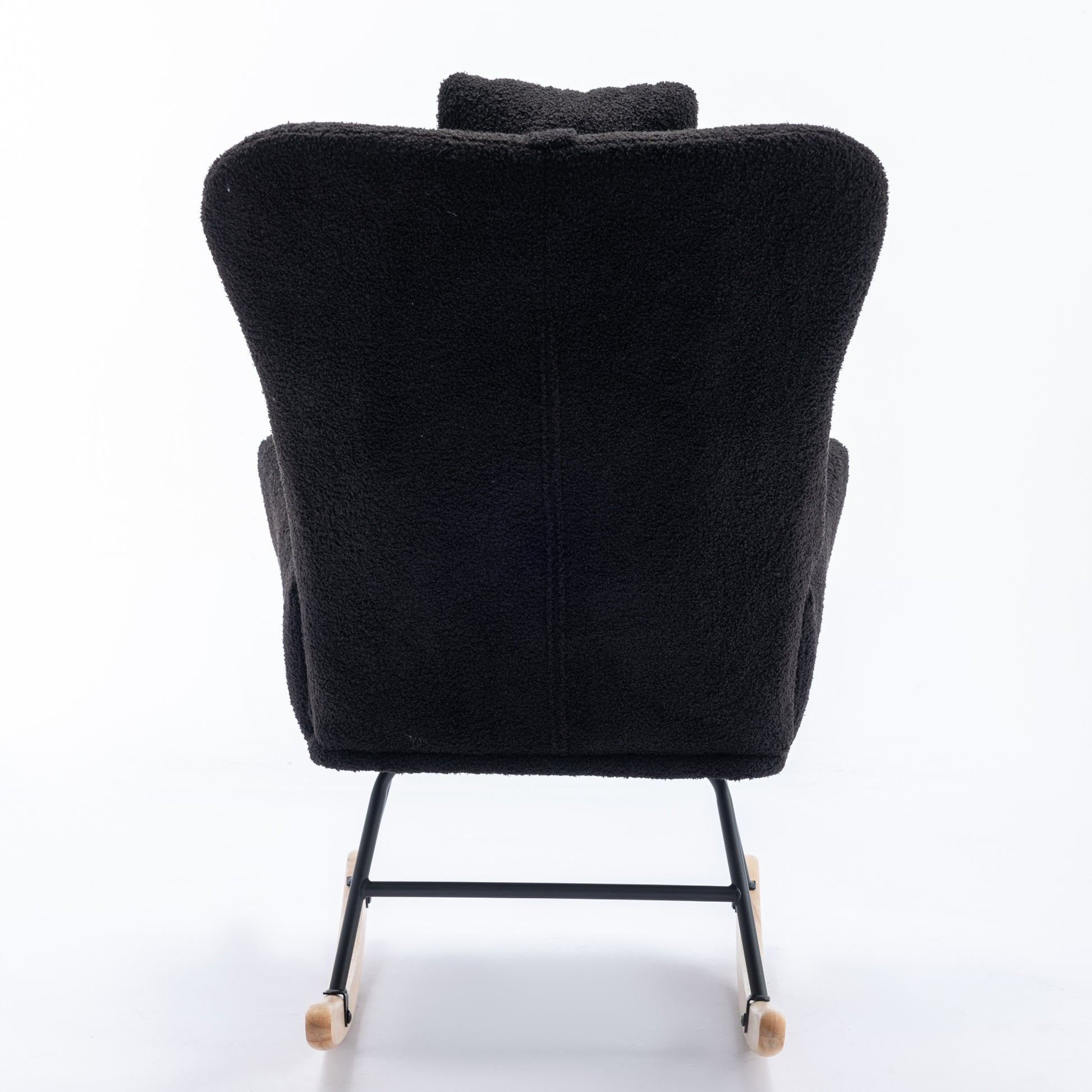 35.5 Inch Rocking Chair With Pocket, Soft Teddy Fabric Rocking Chair For Nursery, Comfy Wingback Glider Rocker With Safe Solid Wood Base For Living Room Bedroom Balcony Black Black Casual Foam Teddy