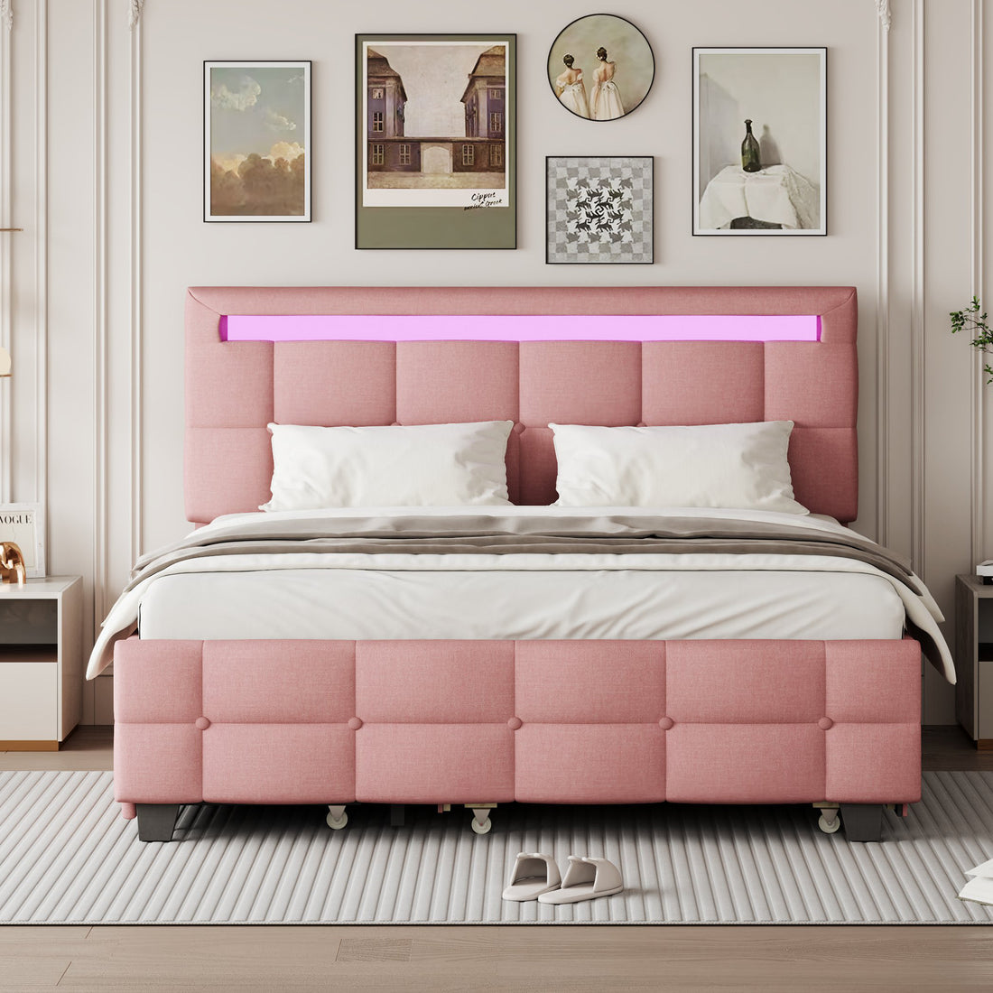 Queen Size Upholstered Platform Bed With Led Frame, With Twin Xl Size Trundle And 2 Drawers, Linen Fabric, Pink Pink Linen